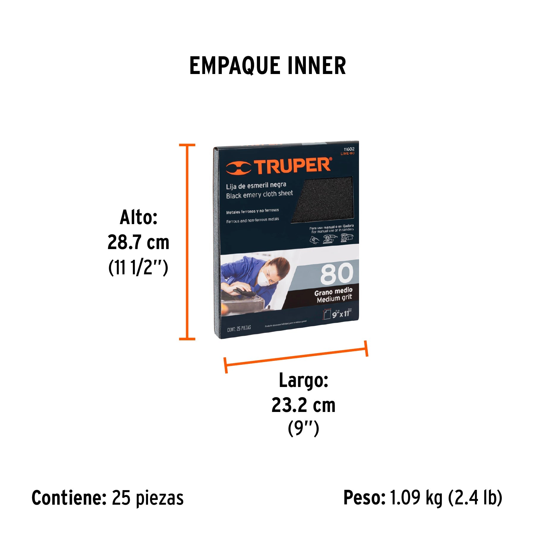 Lija de esmeril negra grano 80 de óxido de aluminio, TRUPER - Empaque