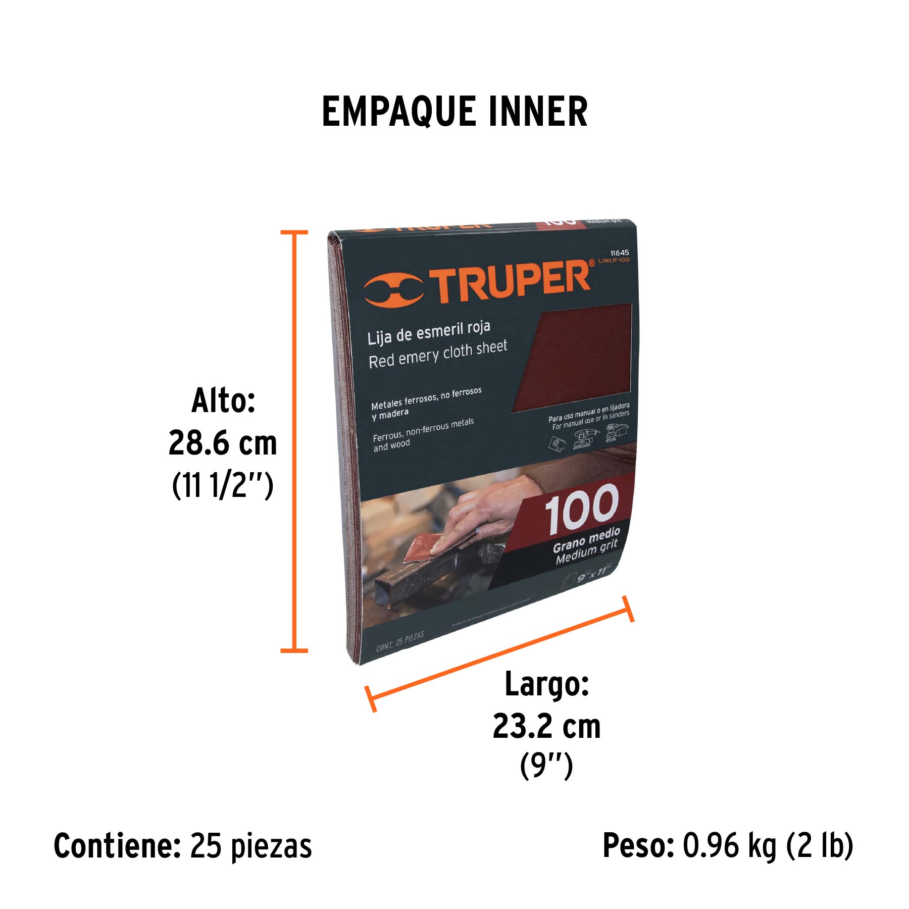 Lija de esmeril roja grano 100 de óxido de aluminio, TRUPER - Empaque