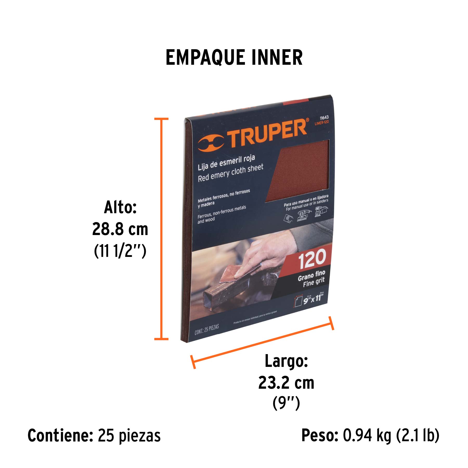 Lija de esmeril roja grano 120 de óxido de aluminio, TRUPER - Empaque
