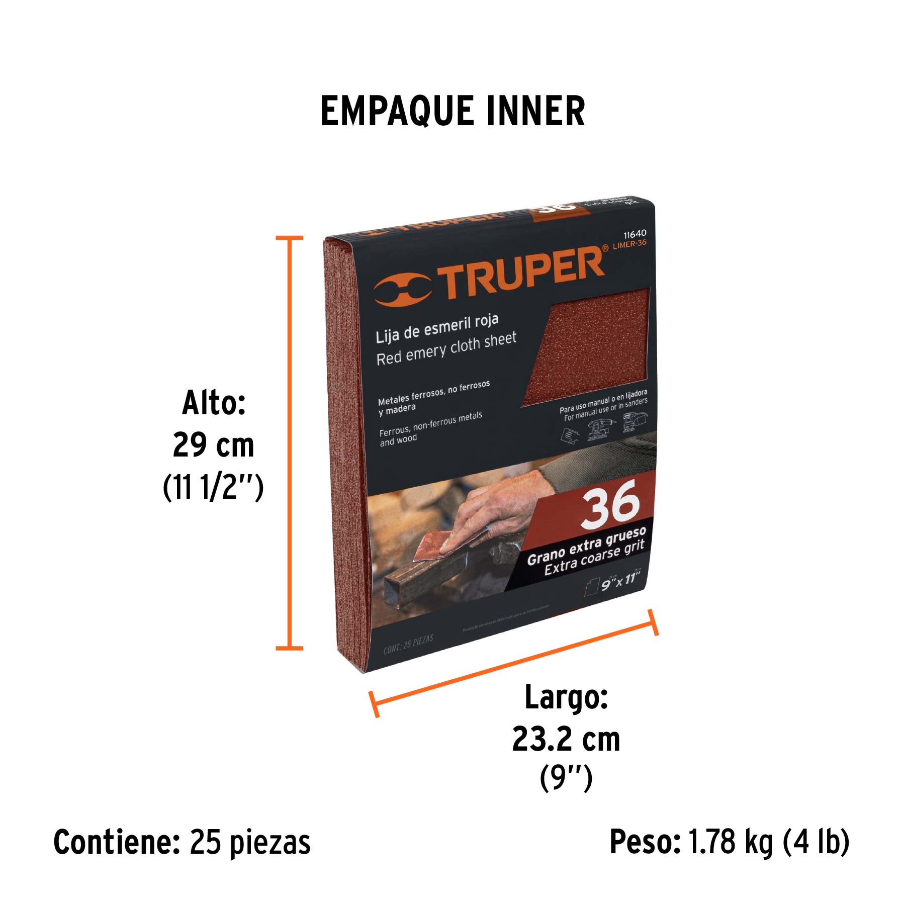 Lija de esmeril roja grano 36 de óxido de aluminio, TRUPER - Empaque