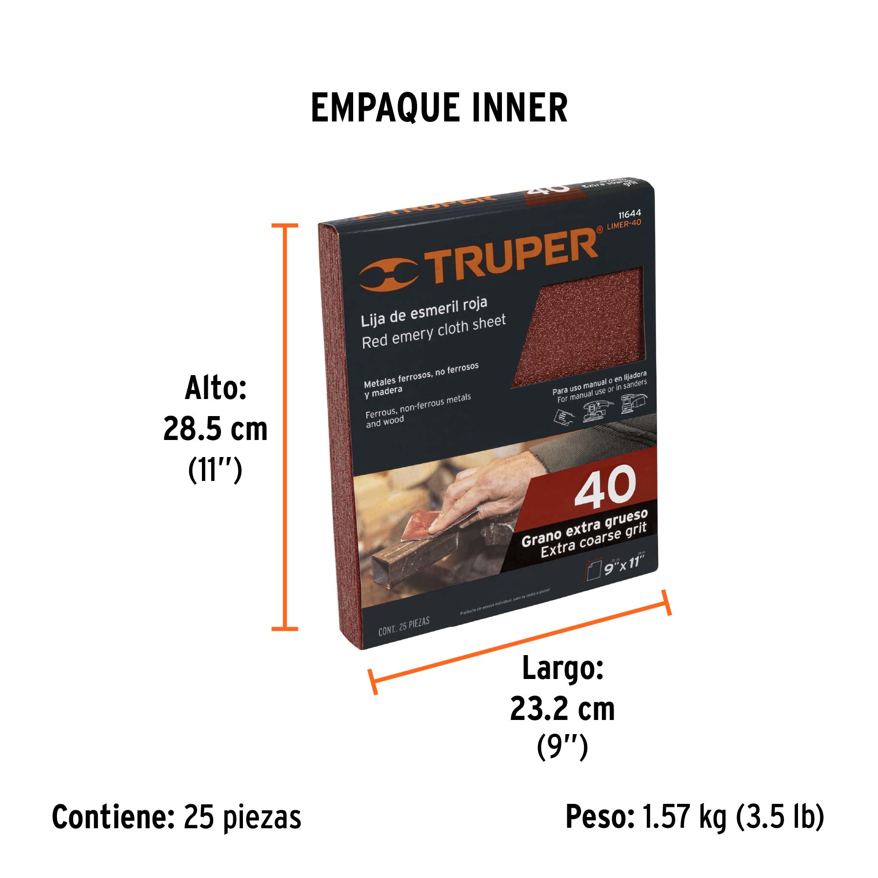 Lija de esmeril roja grano 40 de óxido de aluminio, TRUPER - Empaque