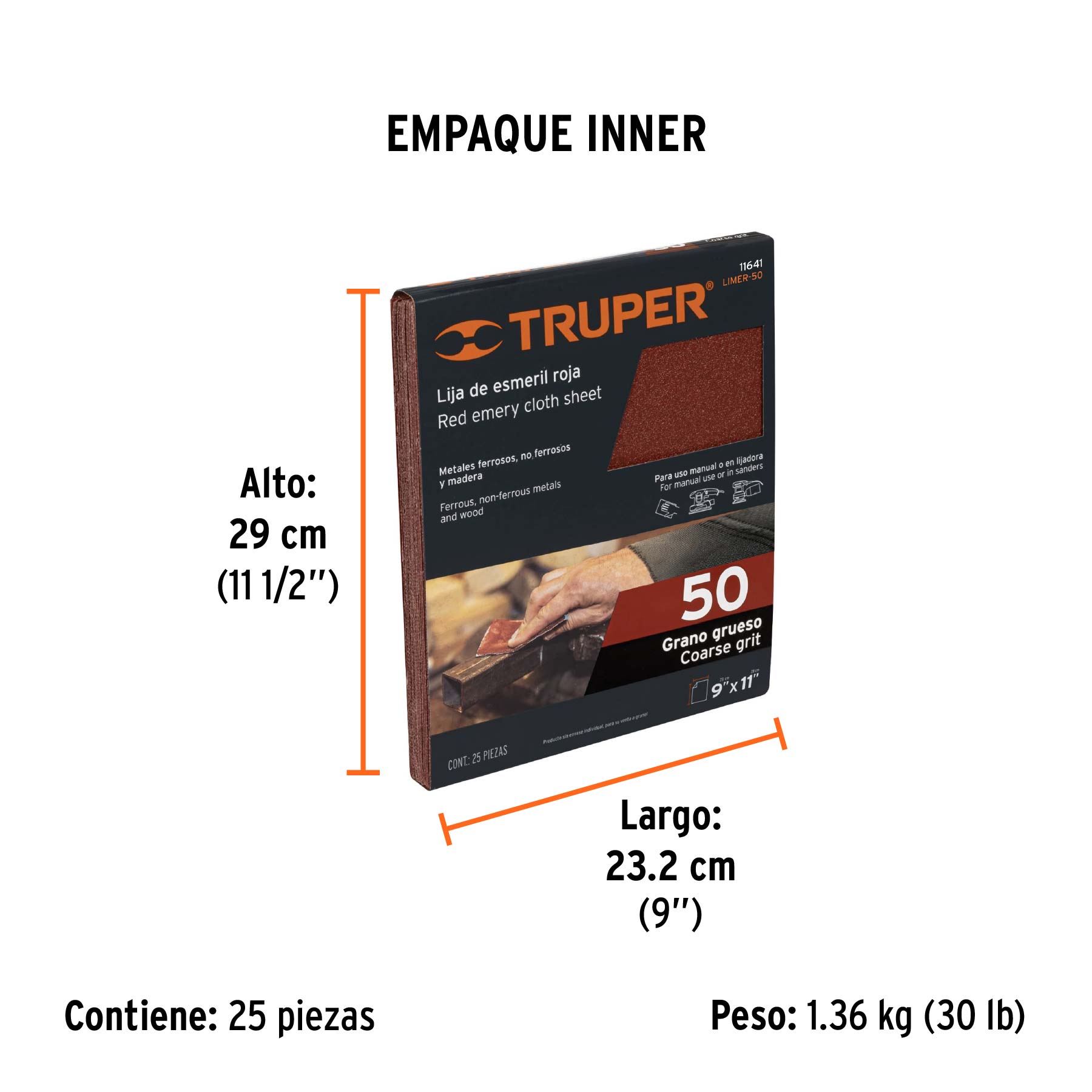 Lija de esmeril roja grano 50 de óxido de aluminio, TRUPER - Empaque