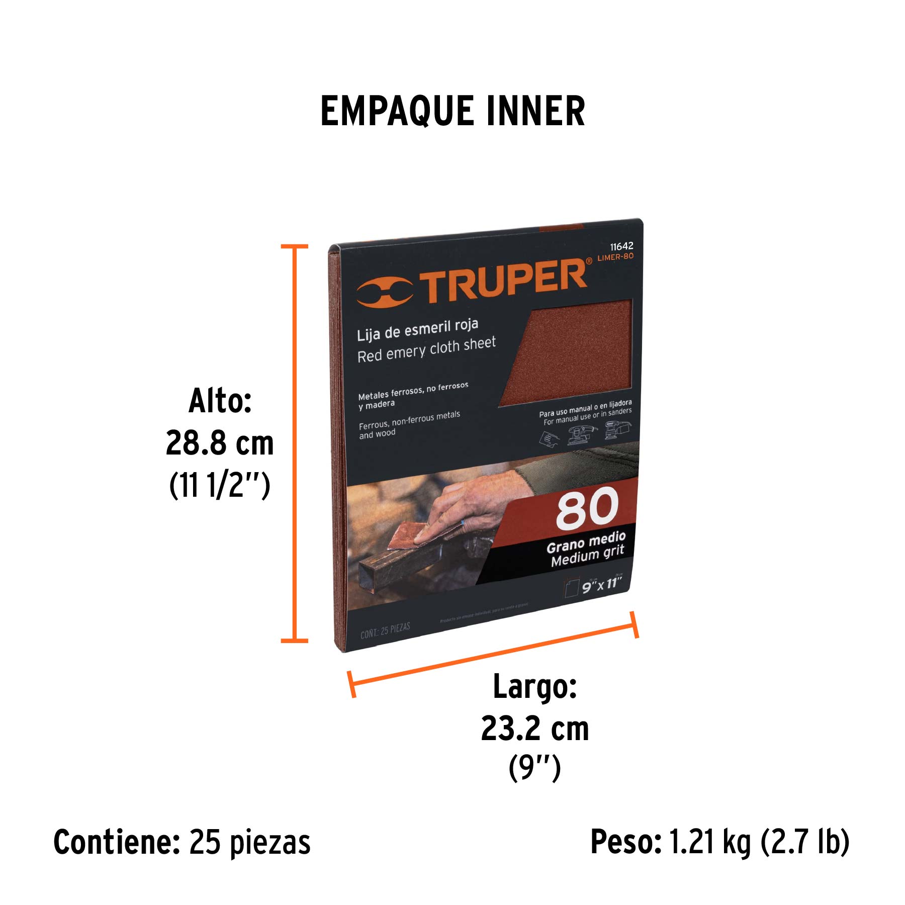 Lija de esmeril roja grano 80 de óxido de aluminio, TRUPER - Empaque