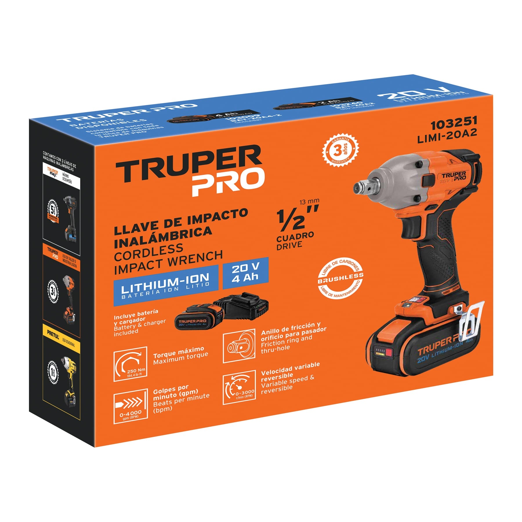 Llave de impacto 1/2", 20V, 184 lb/ft, 1 batería 4Ah, PRO