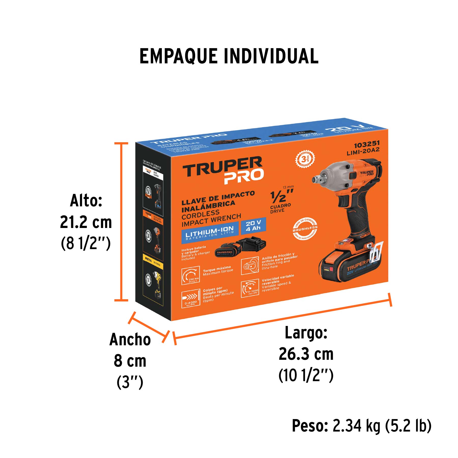Llave de impacto 1/2", 20V, 184 lb/ft, 1 batería 4Ah, PRO - Empaque