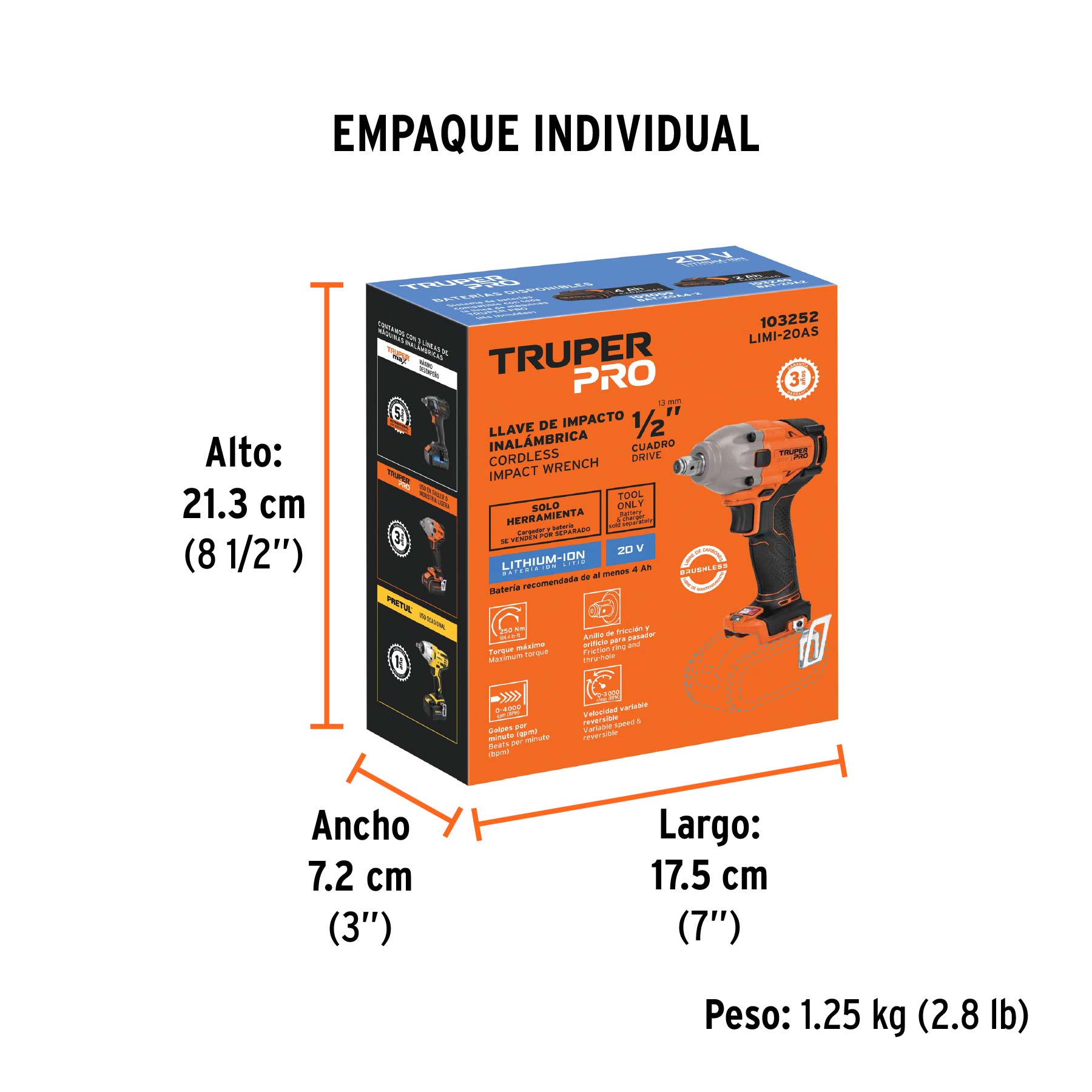 Llave de impacto 1/2", 20V, 184 lb/ft, sin accesorios, PRO - Empaque