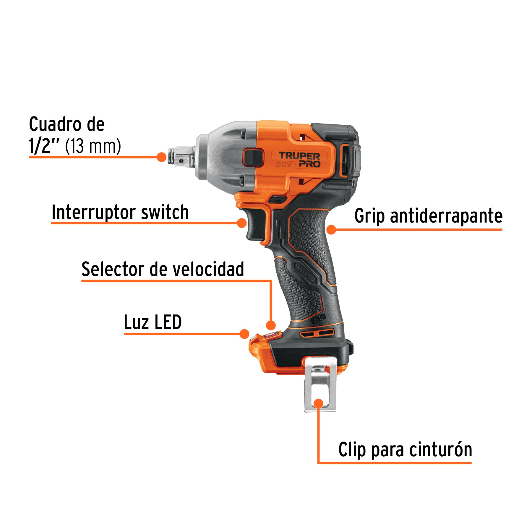 Llave de impacto 1/2", 20V, 184 lb/ft, sin accesorios, PRO