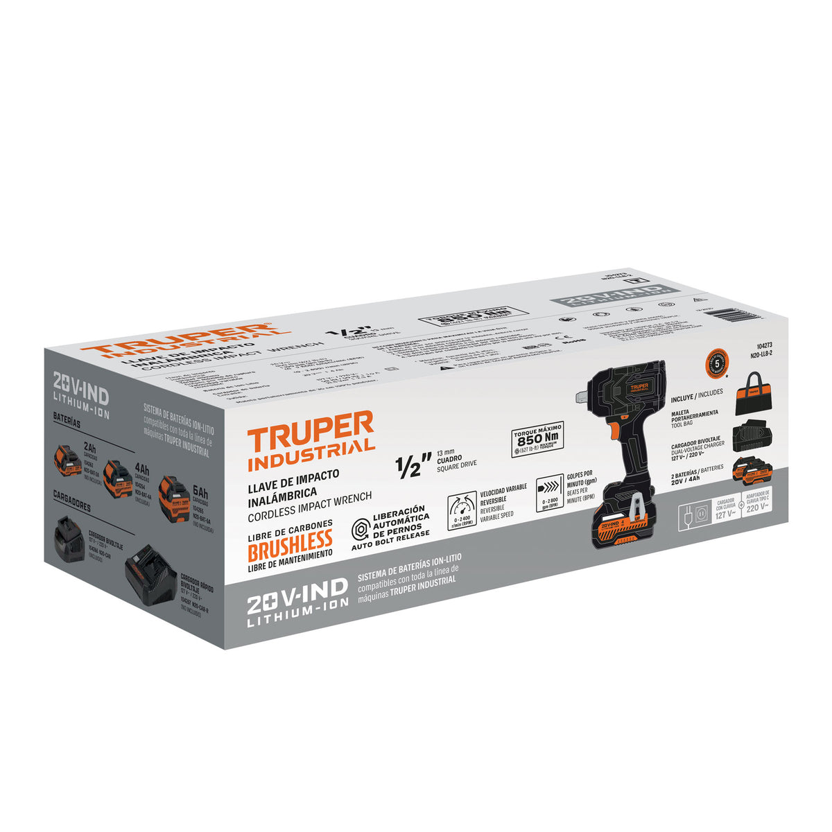 Llave de impacto 1/2" 20V, 850Nm, 2 baterías 4Ah, INDUSTRIAL