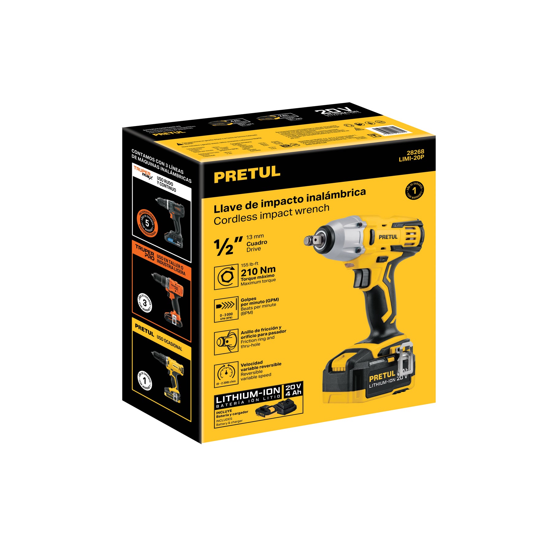 Llave de impacto 1/2", 20V, 155 lb/ft, 1 batería 4Ah, PRETUL