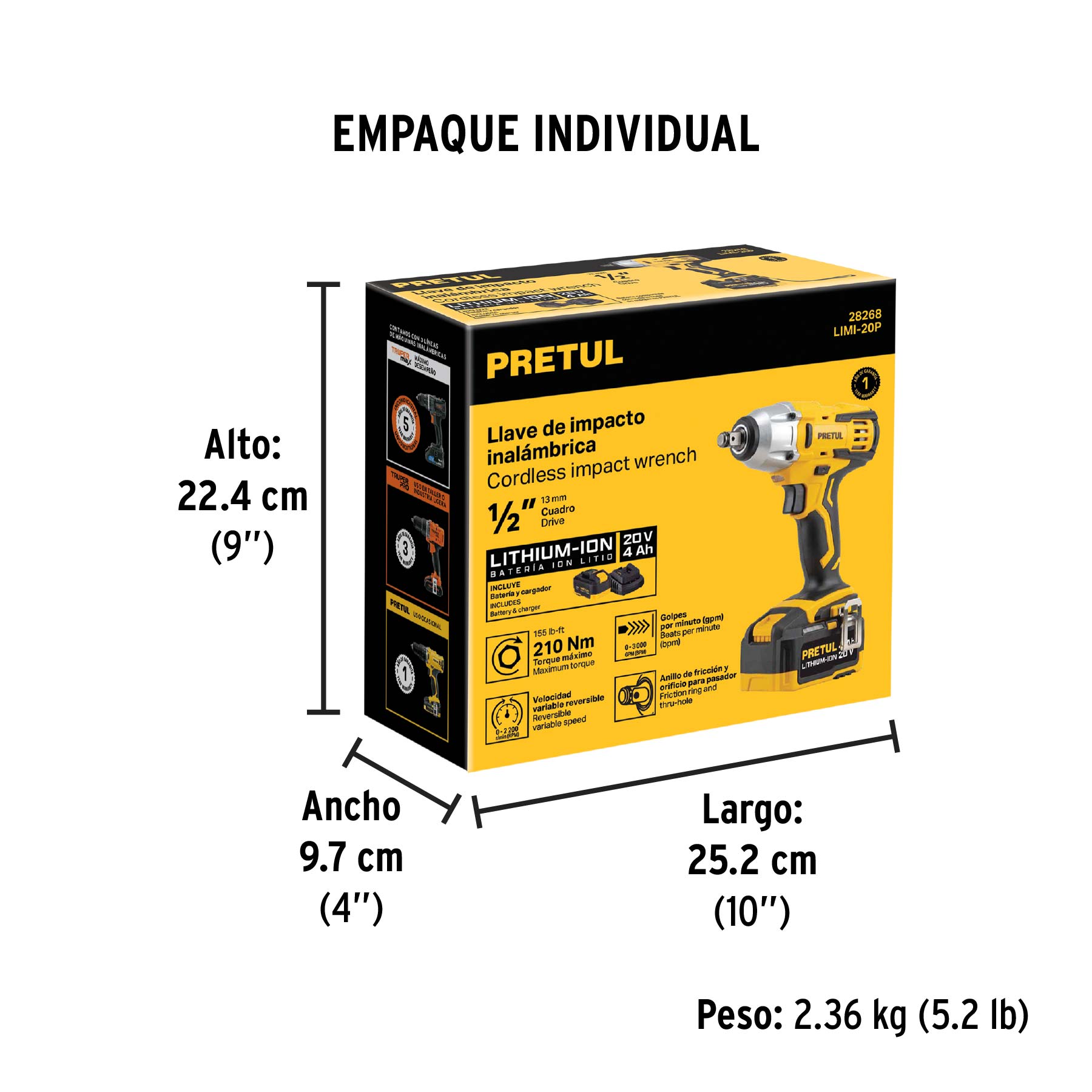 Llave de impacto 1/2", 20V, 155 lb/ft, 1 batería 4Ah, PRETUL - Empaque