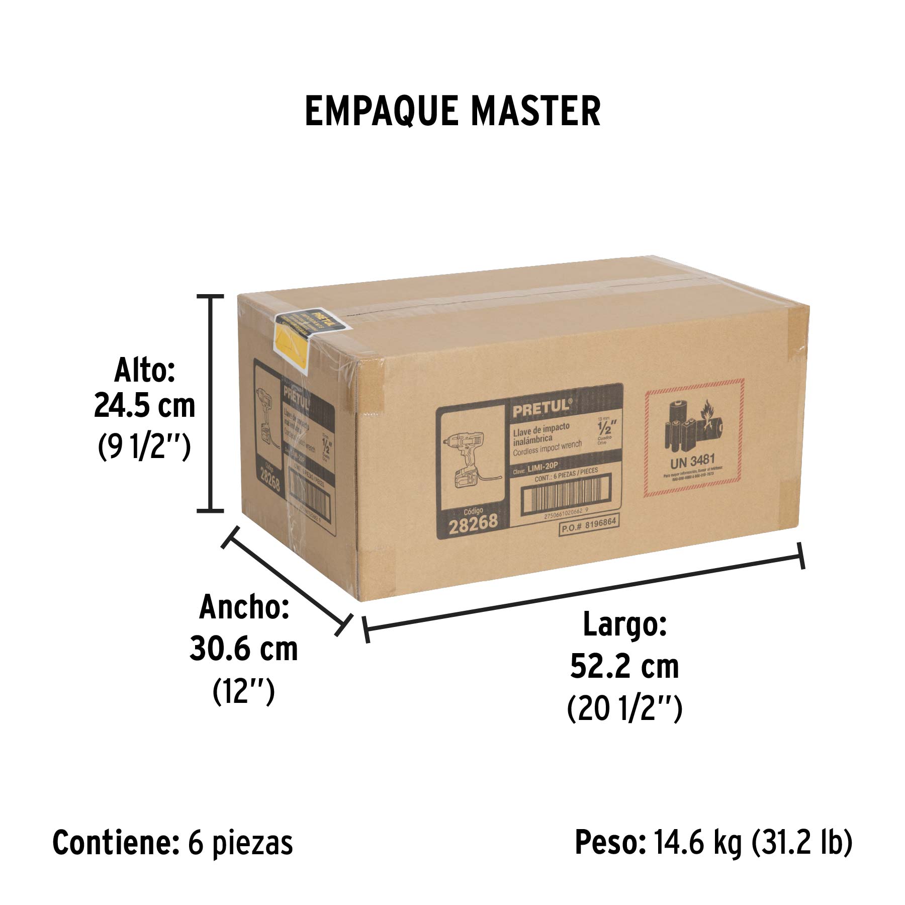 Llave de impacto 1/2", 20V, 155 lb/ft, 1 batería 4Ah, PRETUL - Empaque