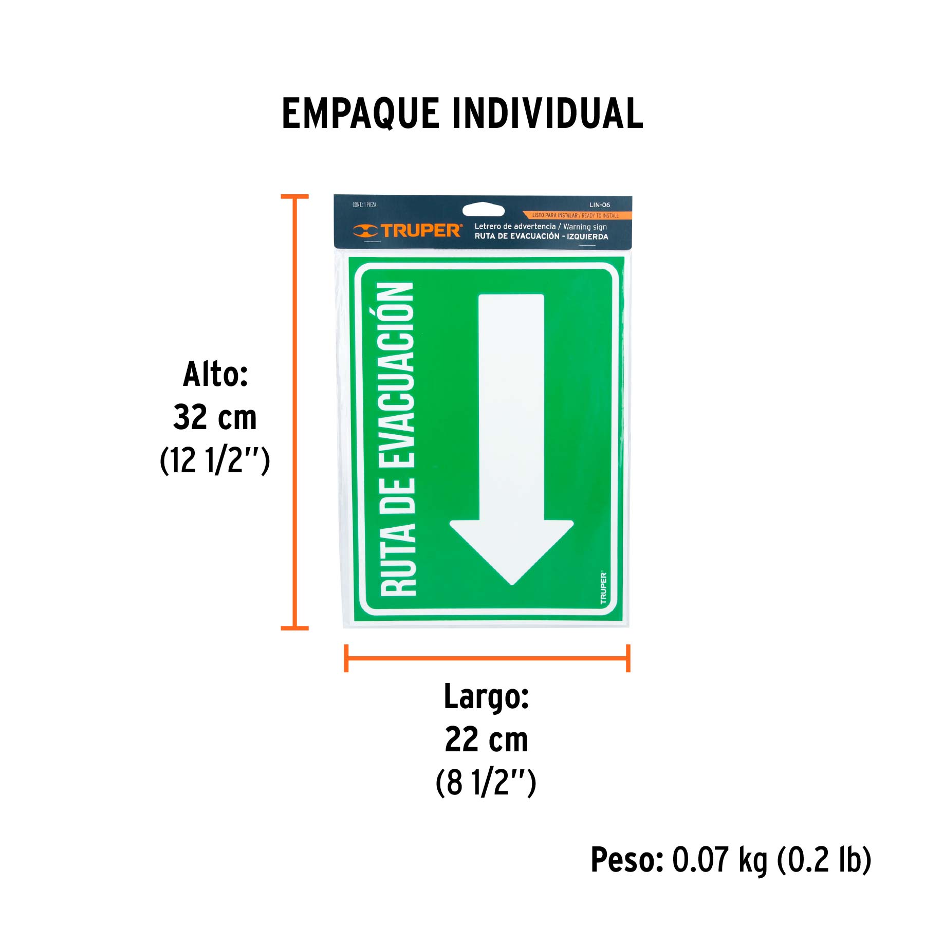Letrero de señalización "RUTA EVACUACIÓN IZQUIERDA",21x28 cm - Empaque