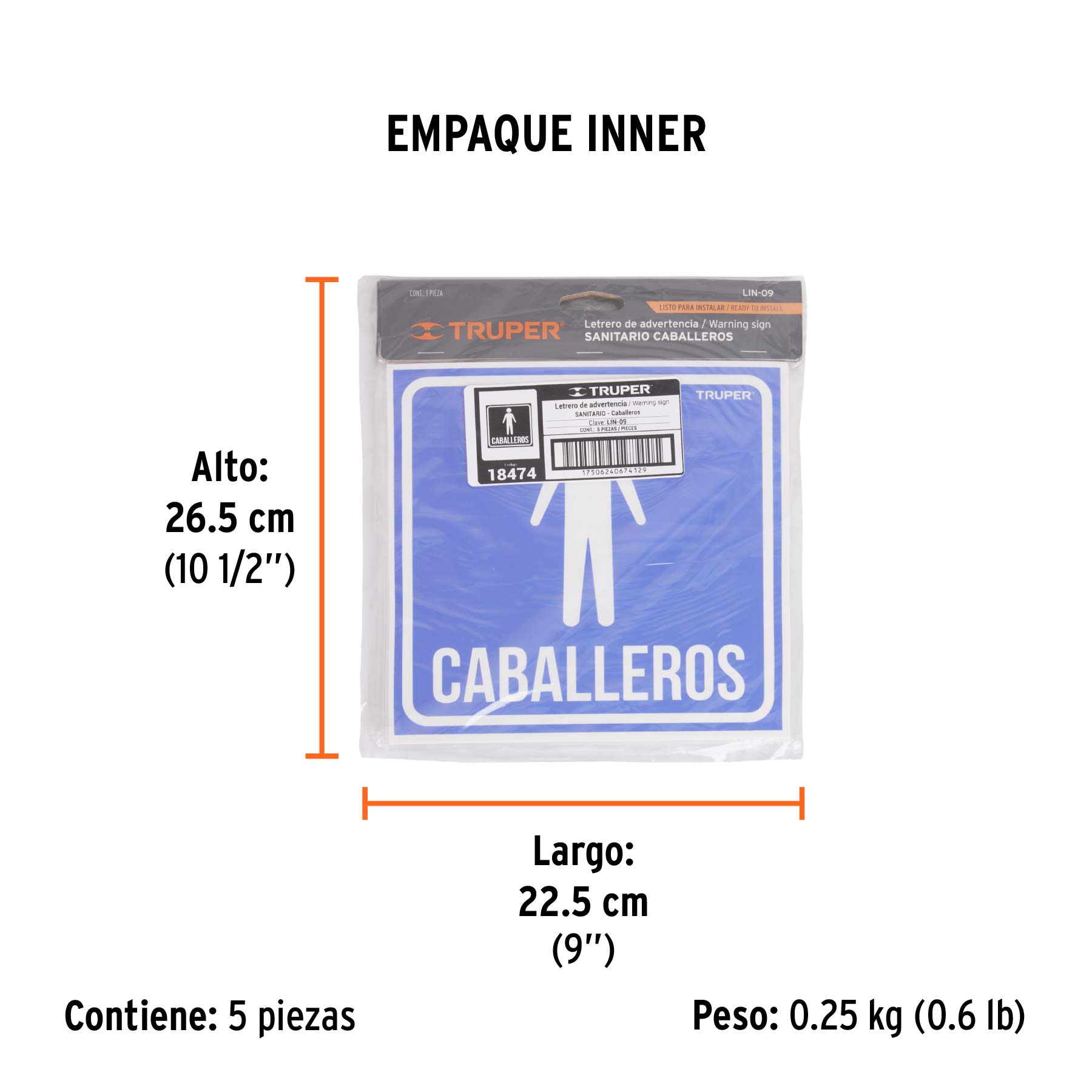 Letrero de señalización "CABALLEROS", 19 x 19 cm, TRUPER - Empaque
