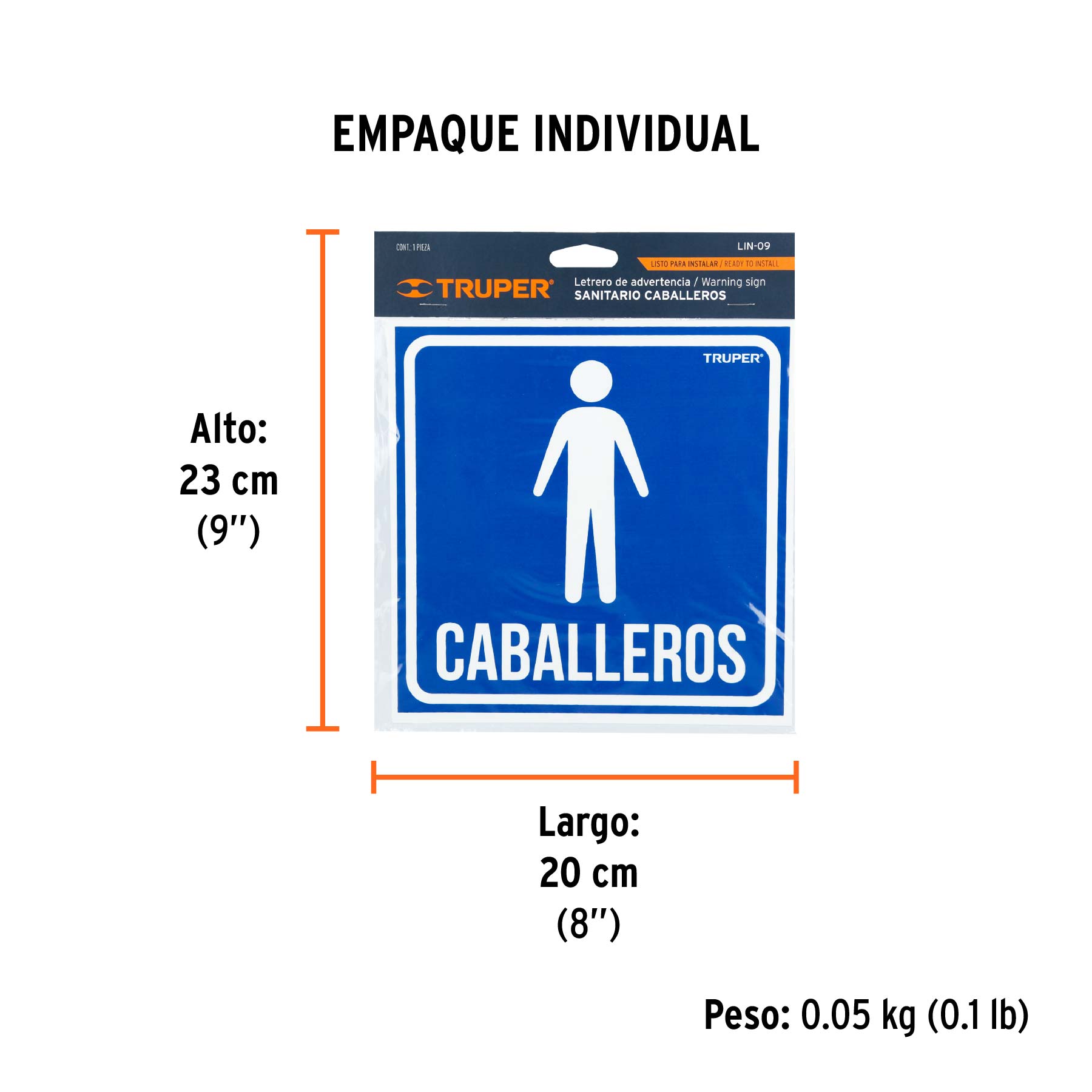 Letrero de señalización "CABALLEROS", 19 x 19 cm, TRUPER - Empaque