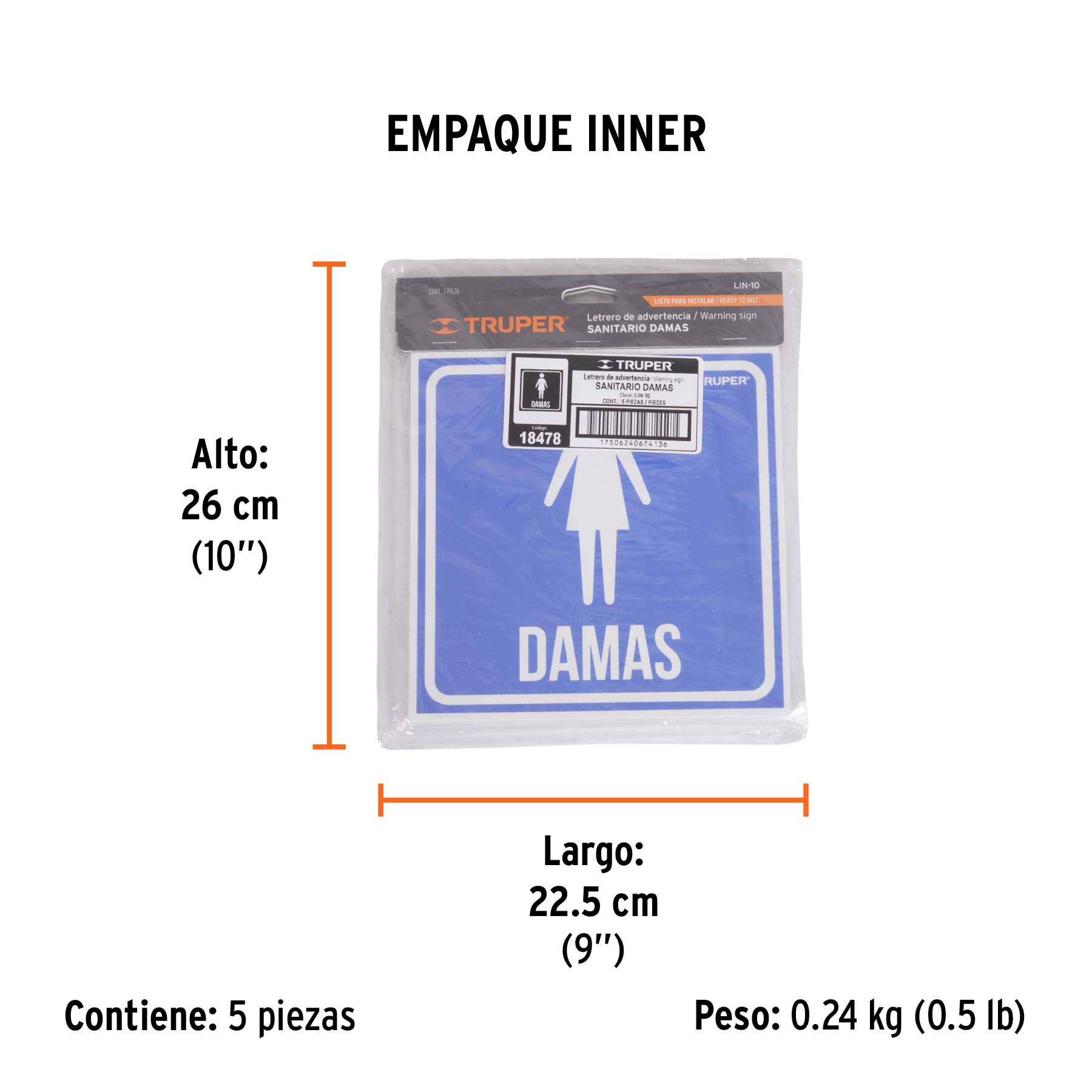 Letrero de señalización "DAMAS", 19 x 19 cm, TRUPER - Empaque