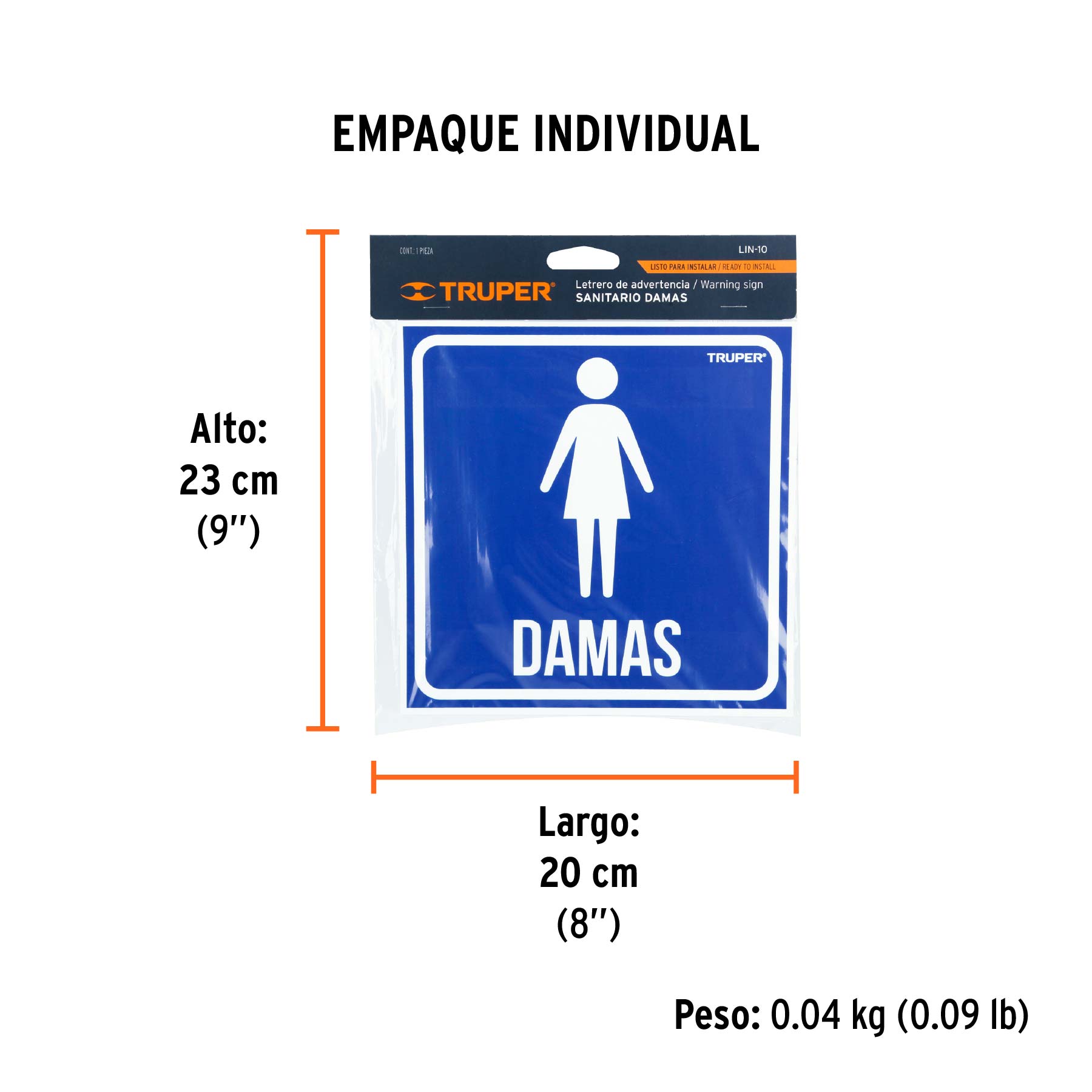 Letrero de señalización "DAMAS", 19 x 19 cm, TRUPER - Empaque