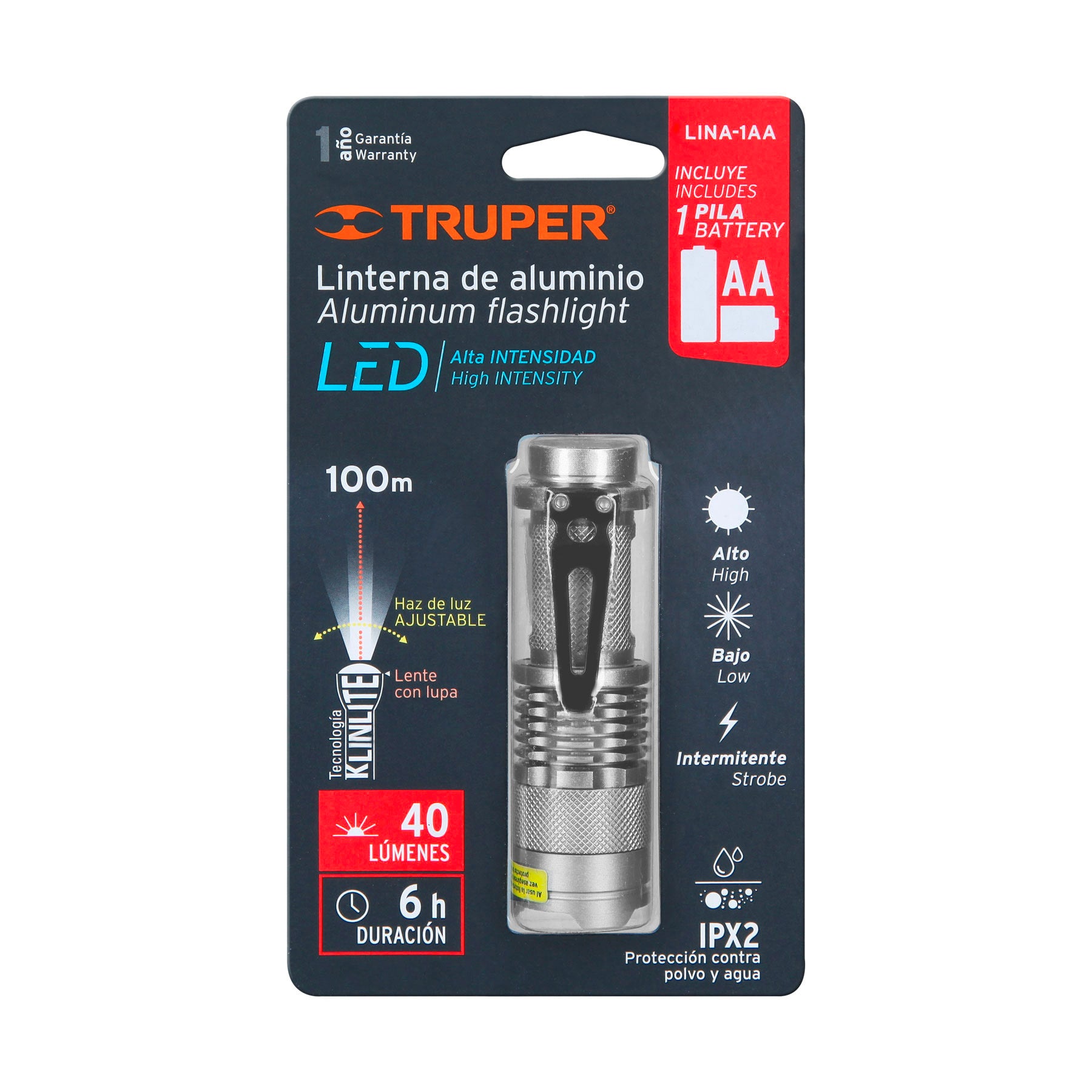 Linterna de aluminio 1 LED de 40 lm con 1 pila AA, TRUPER