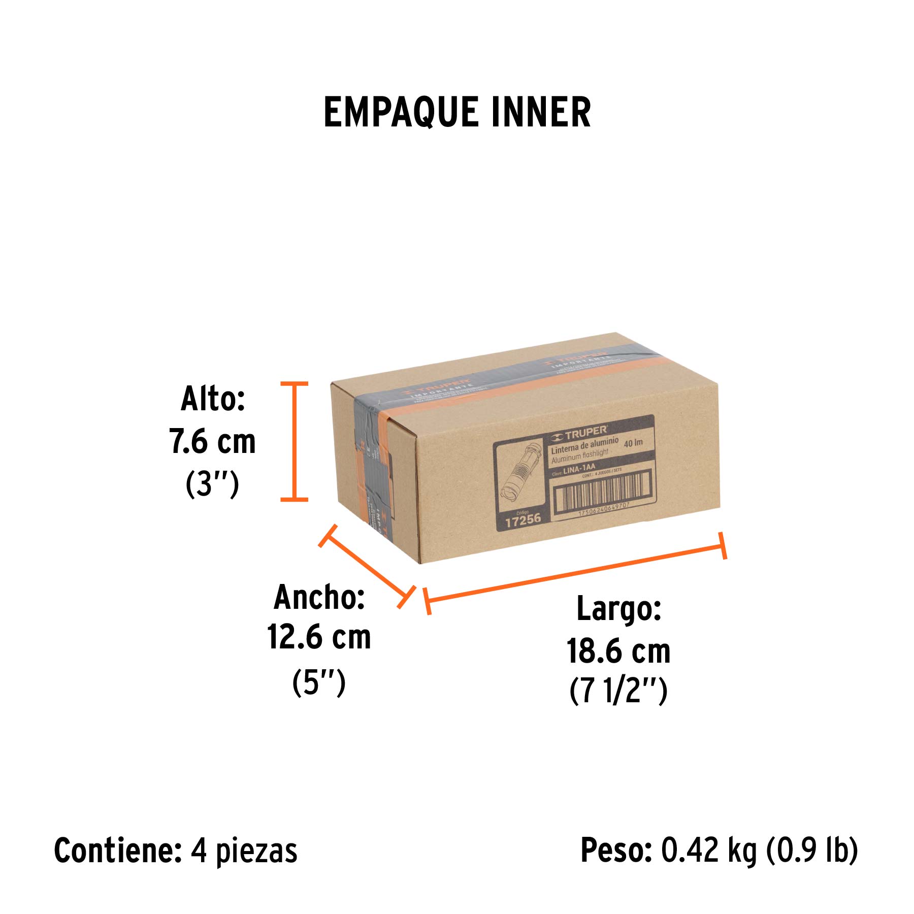 Linterna de aluminio 1 LED de 40 lm con 1 pila AA, TRUPER - Empaque