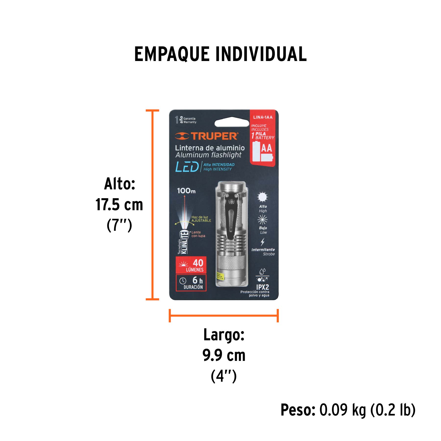 Linterna de aluminio 1 LED de 40 lm con 1 pila AA, TRUPER - Empaque