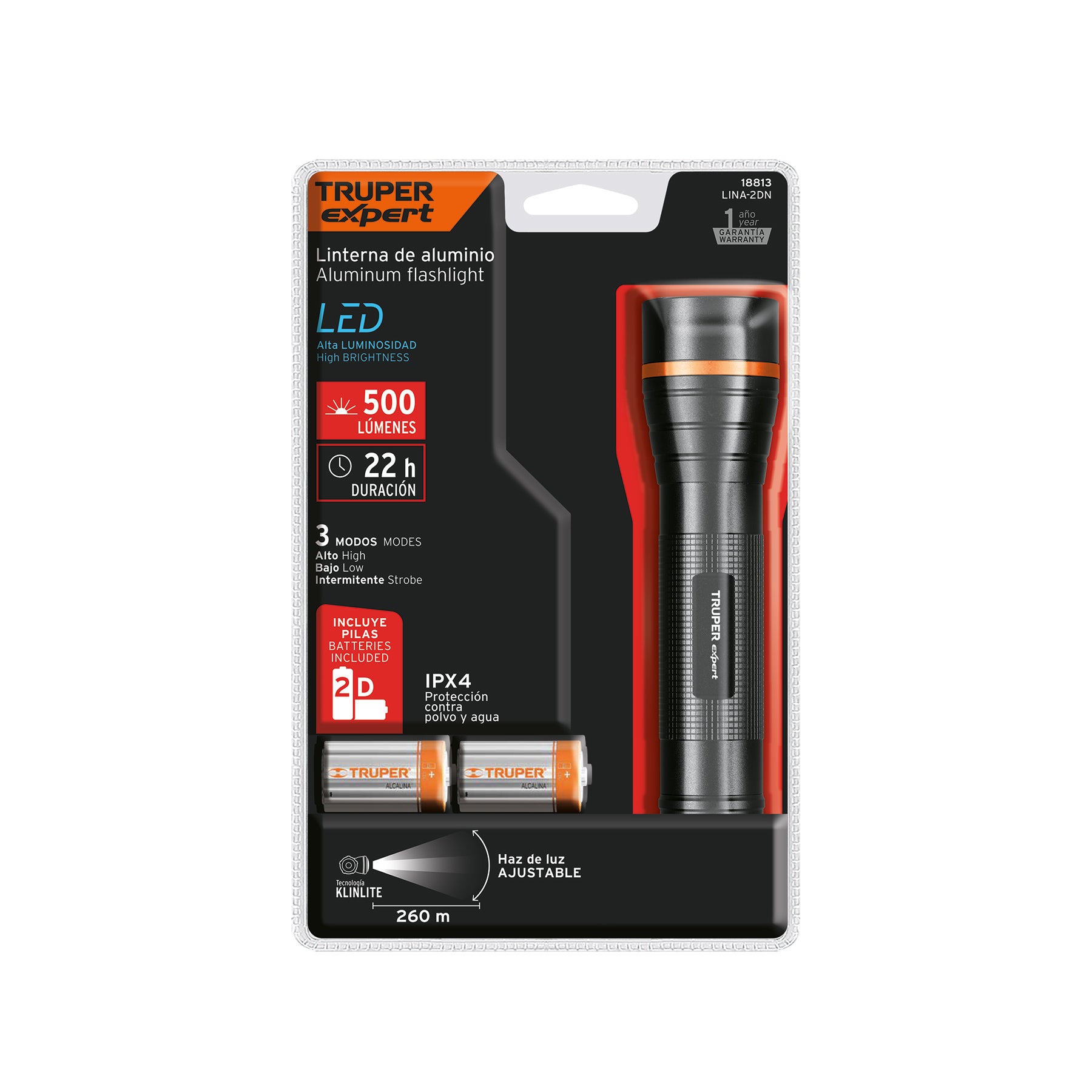 Linterna de aluminio LED Cree 500 lm con 2 pilas D, EXPERT