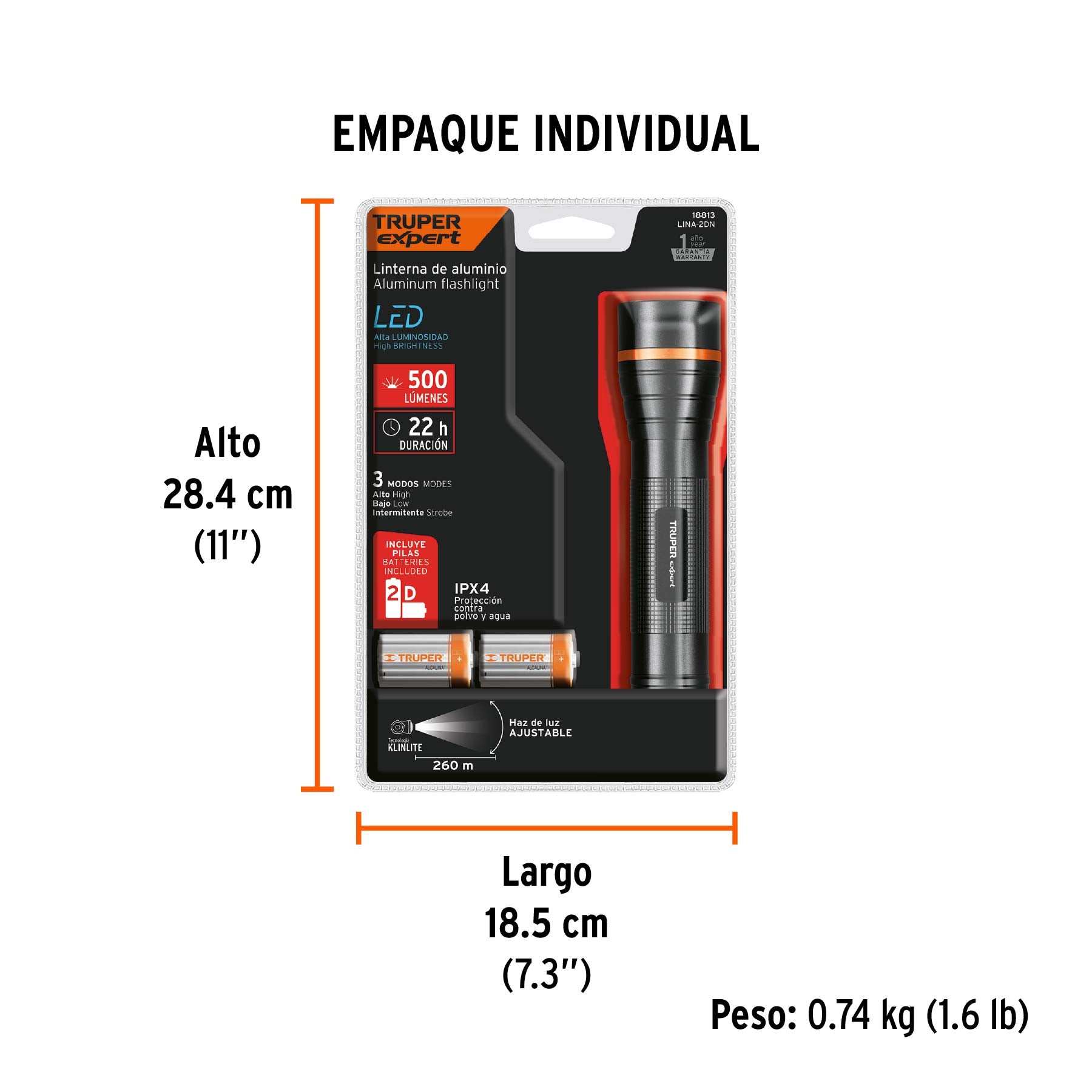 Linterna de aluminio LED Cree 500 lm con 2 pilas D, EXPERT - Empaque