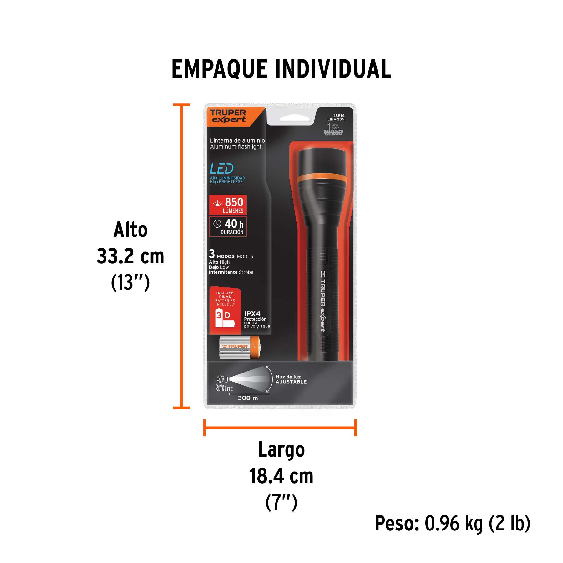 Linterna de aluminio LED Cree 850 lm con 3 pilas D, EXPERT - Empaque