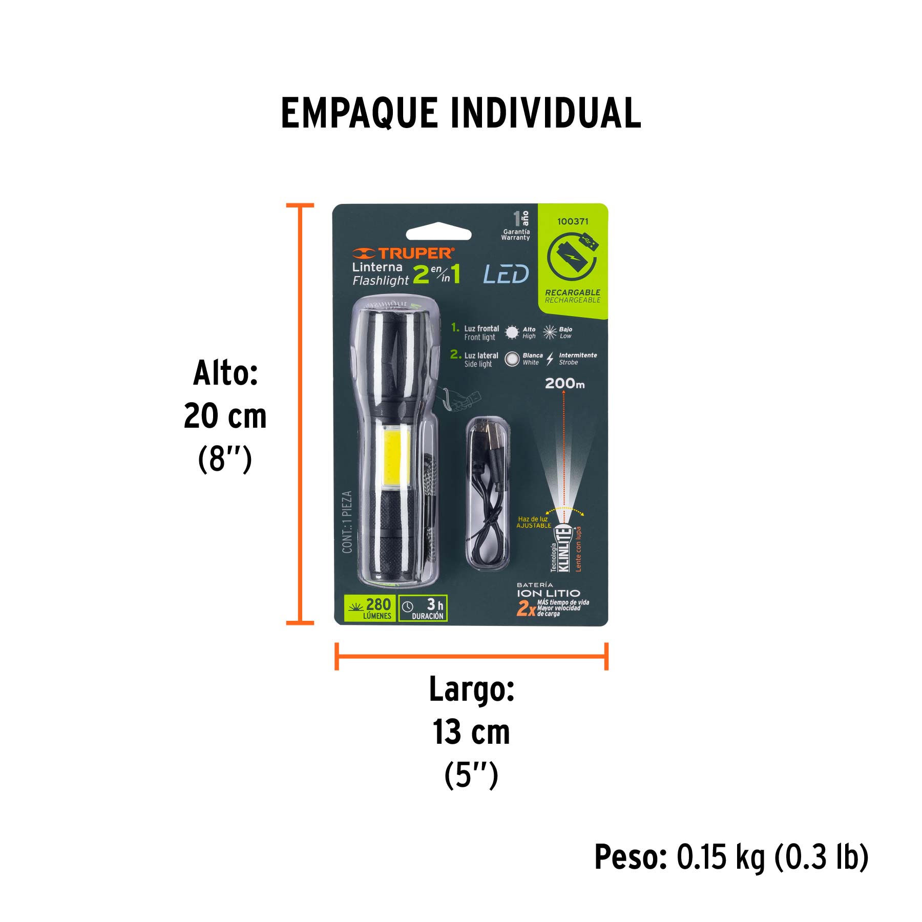 Linterna de 1 LED 270 lm con luz de emergencia, recargable - Empaque