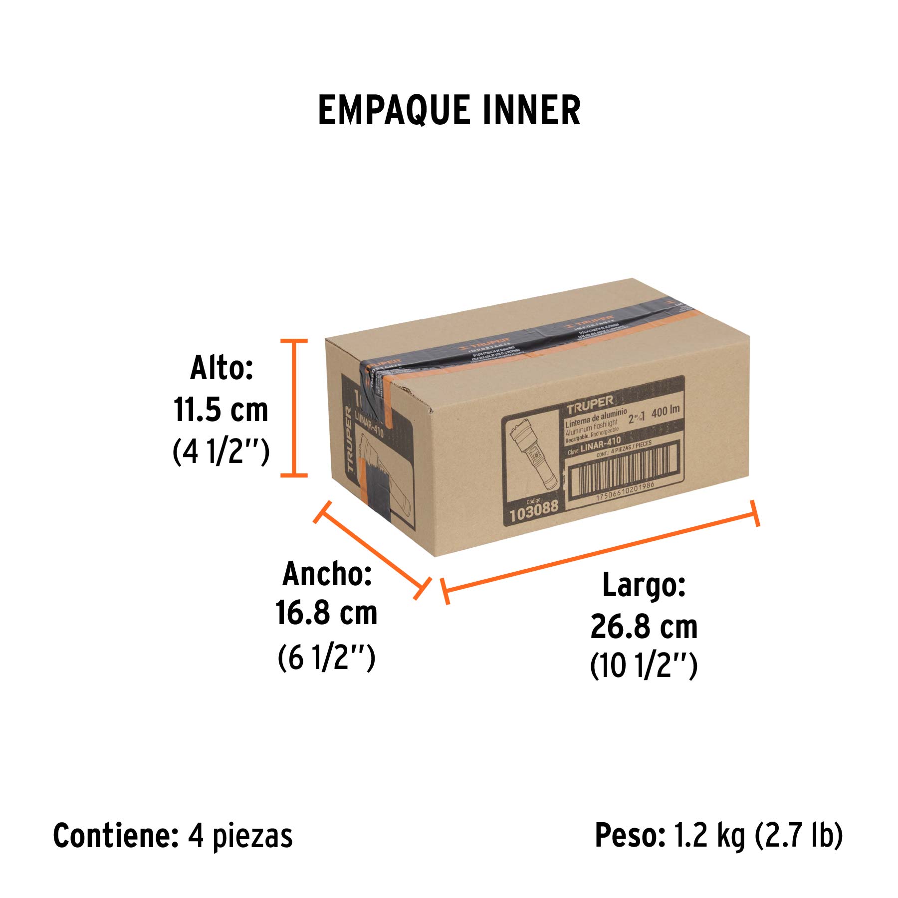 Linterna LED recargable c/luz de emergencia, 410 lm, TRUPER - Empaque