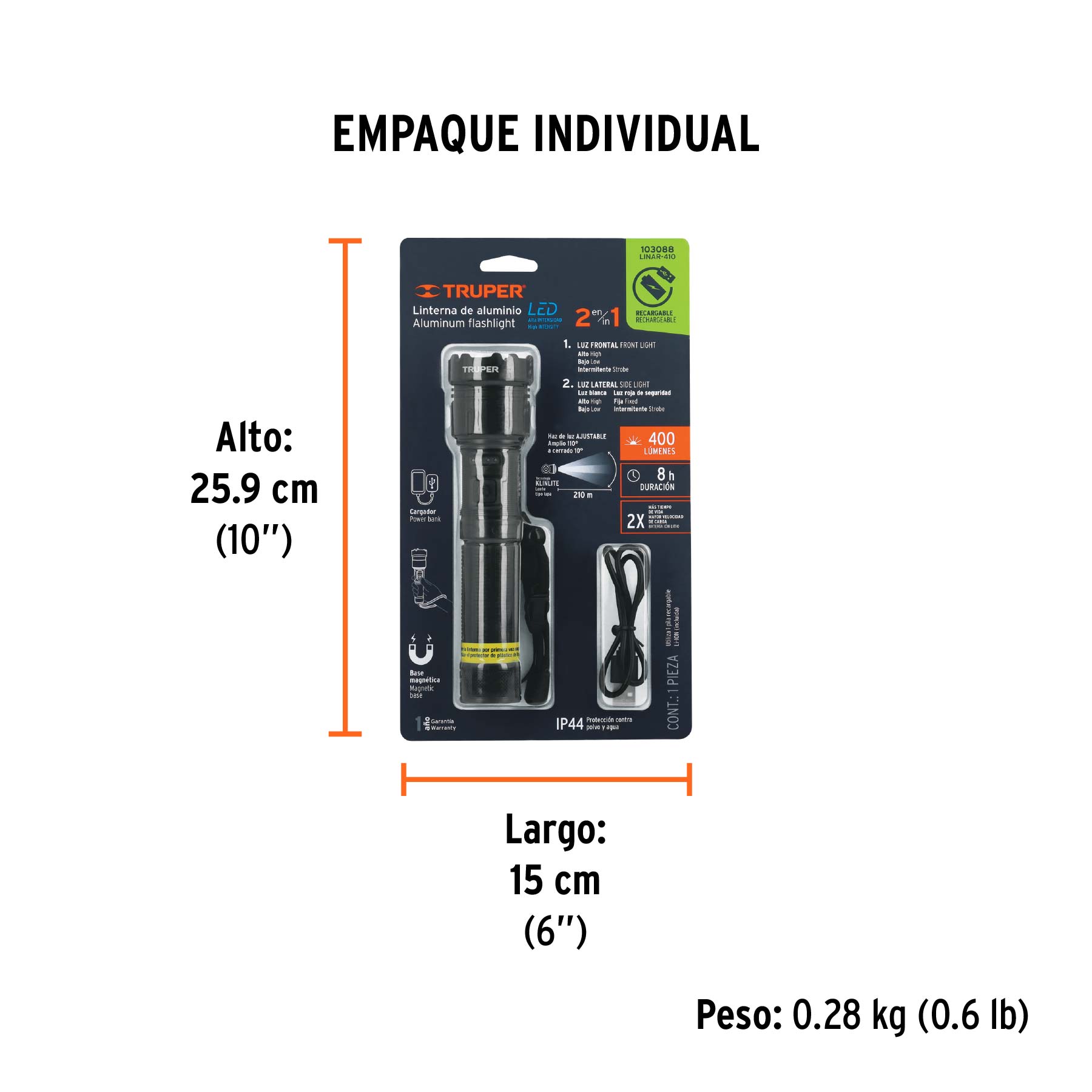 Linterna LED recargable c/luz de emergencia, 410 lm, TRUPER - Empaque