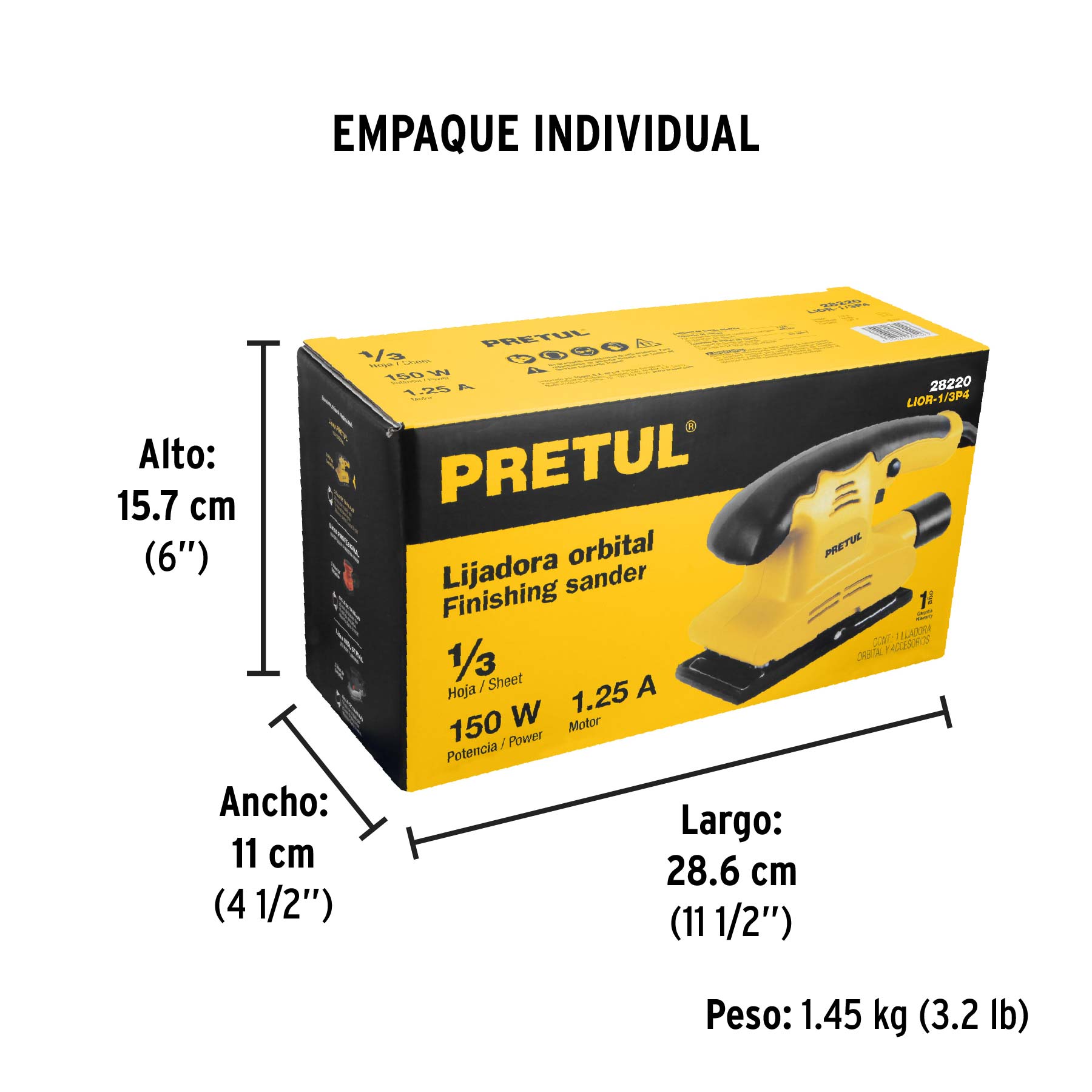Lijadora orbital 1/3 hoja, 150W, PRETUL - Empaque