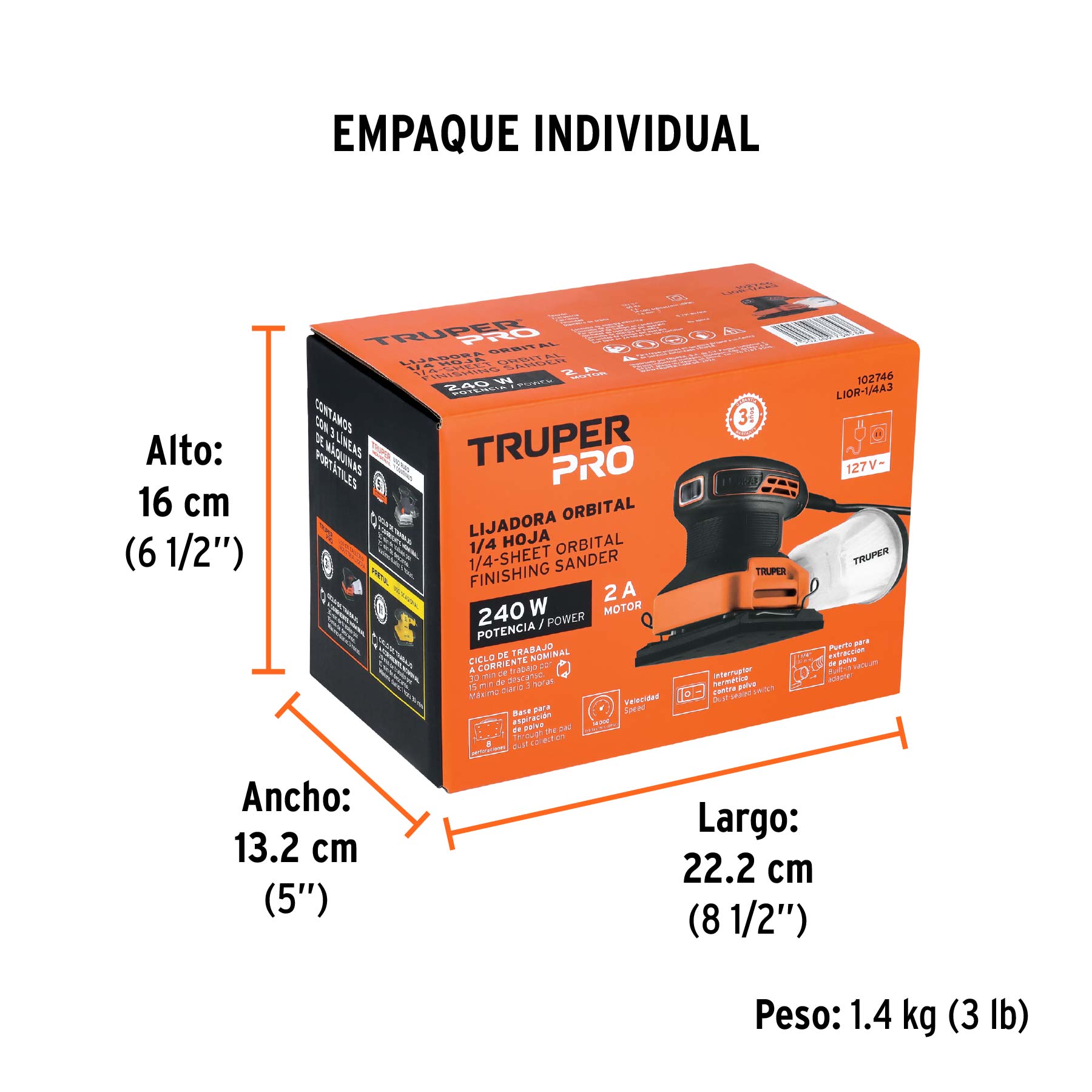 Lijadora orbital 1/4 hoja, 240W, TRUPER PRO - Empaque