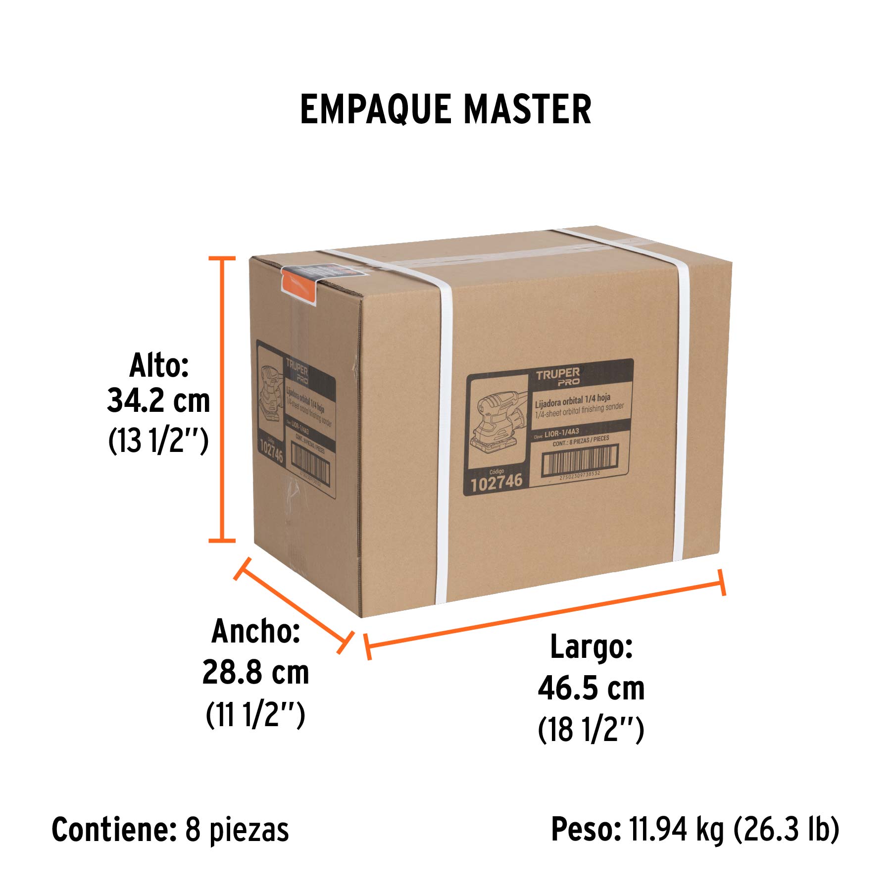 Lijadora orbital 1/4 hoja, 240W, TRUPER PRO - Empaque