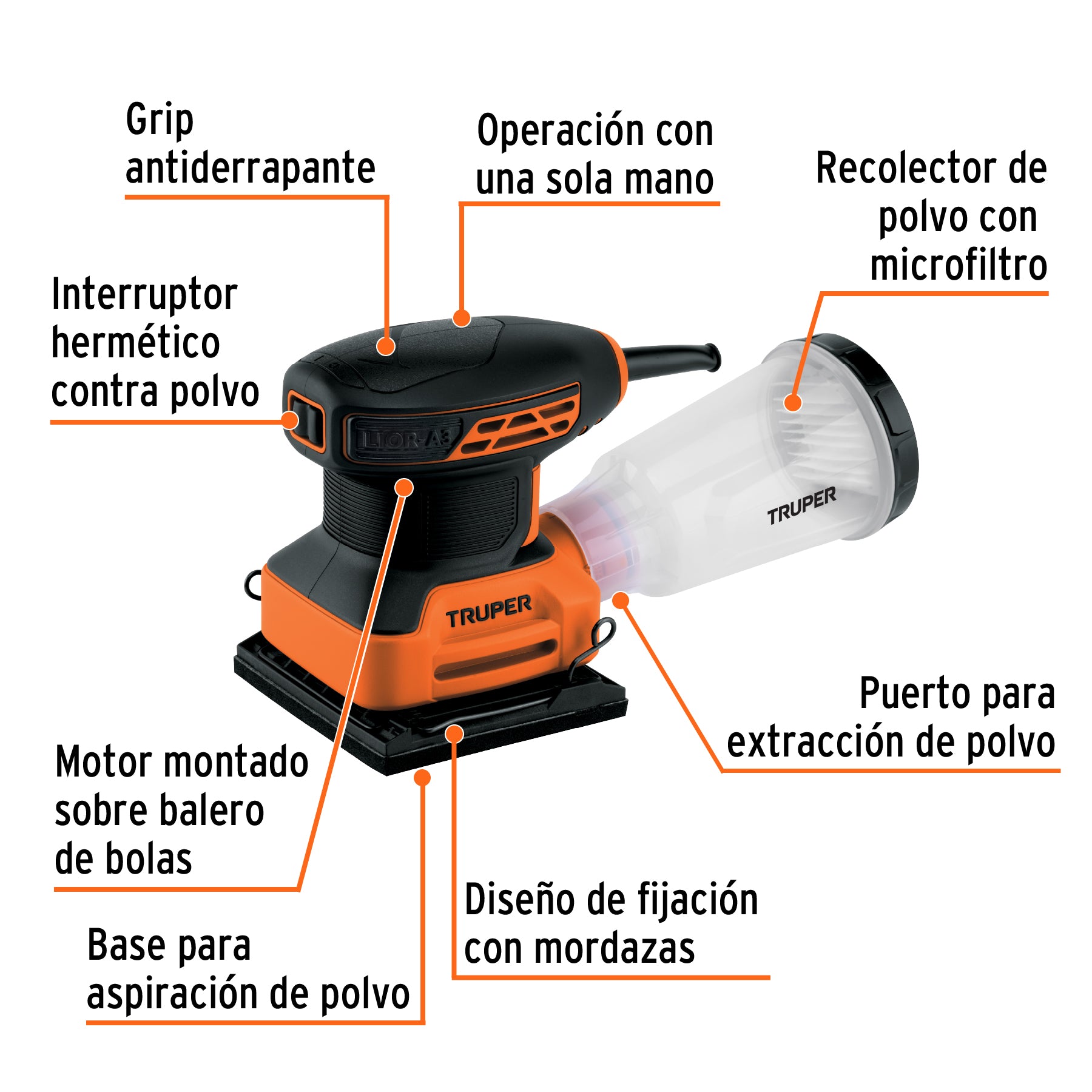 Lijadora orbital 1/4 hoja, 240W, TRUPER PRO