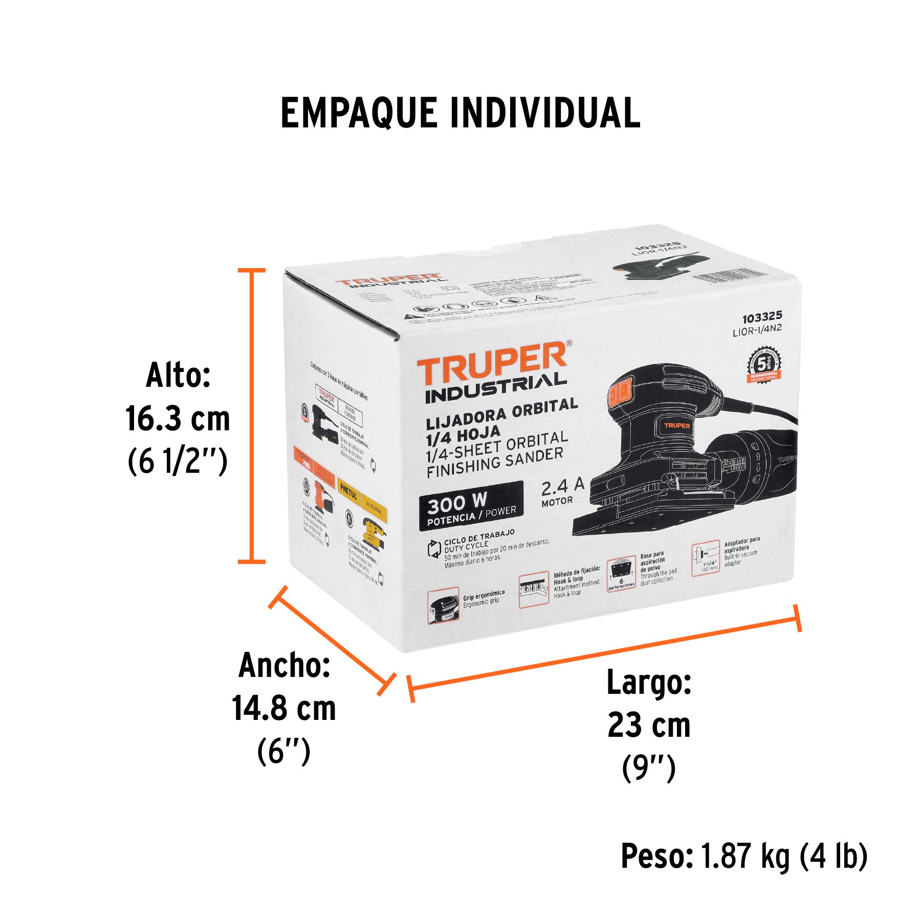 Lijadora orbital 1/4 hoja, 300W, TRUPER INDUSTRIAL - Empaque