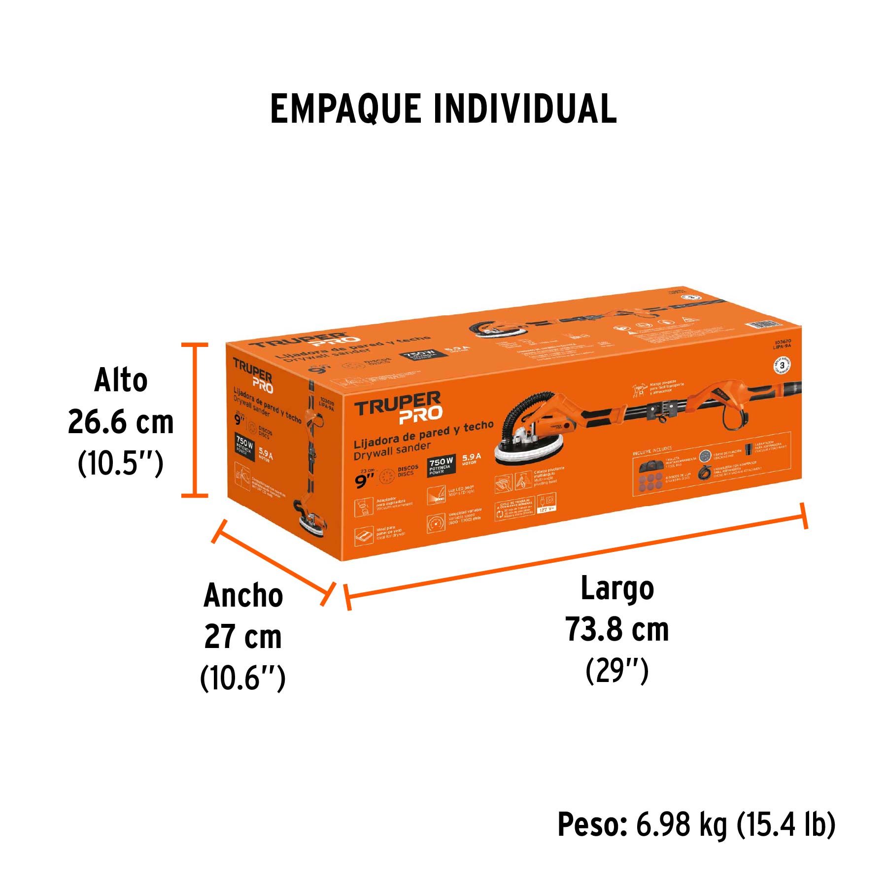 Lijadora de pared y techo 9" 750W, profesional, TRUPER PRO - Empaque