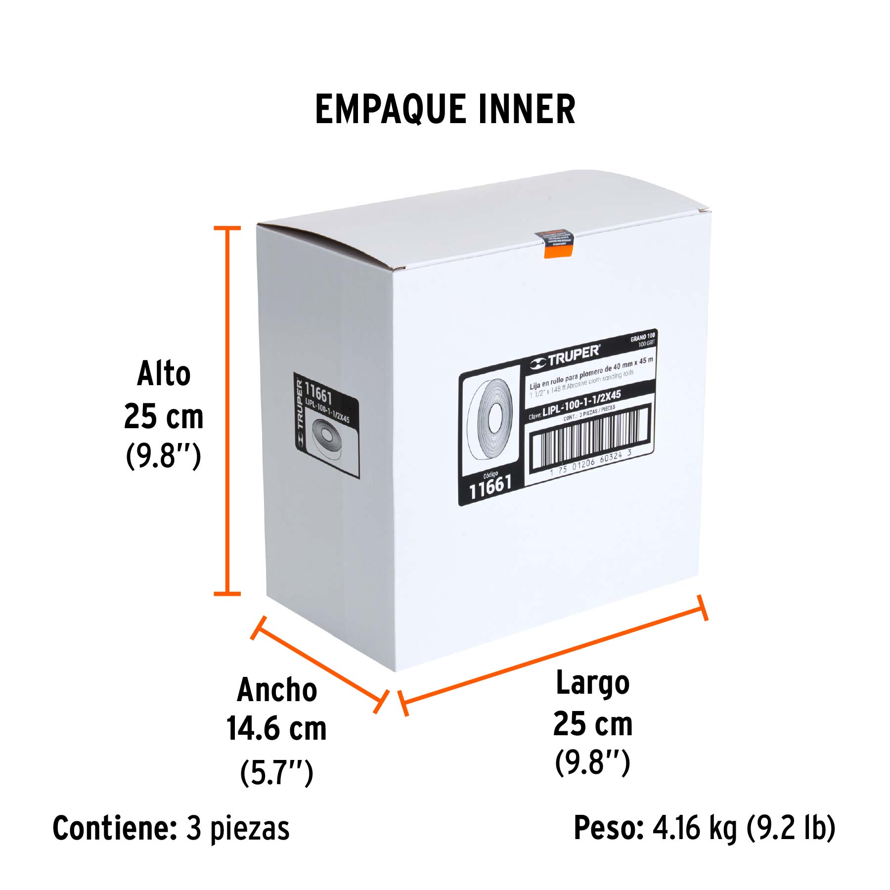 Rollo de 45 m de lija para plomero grano 100 ancho 1-1/2" - Empaque