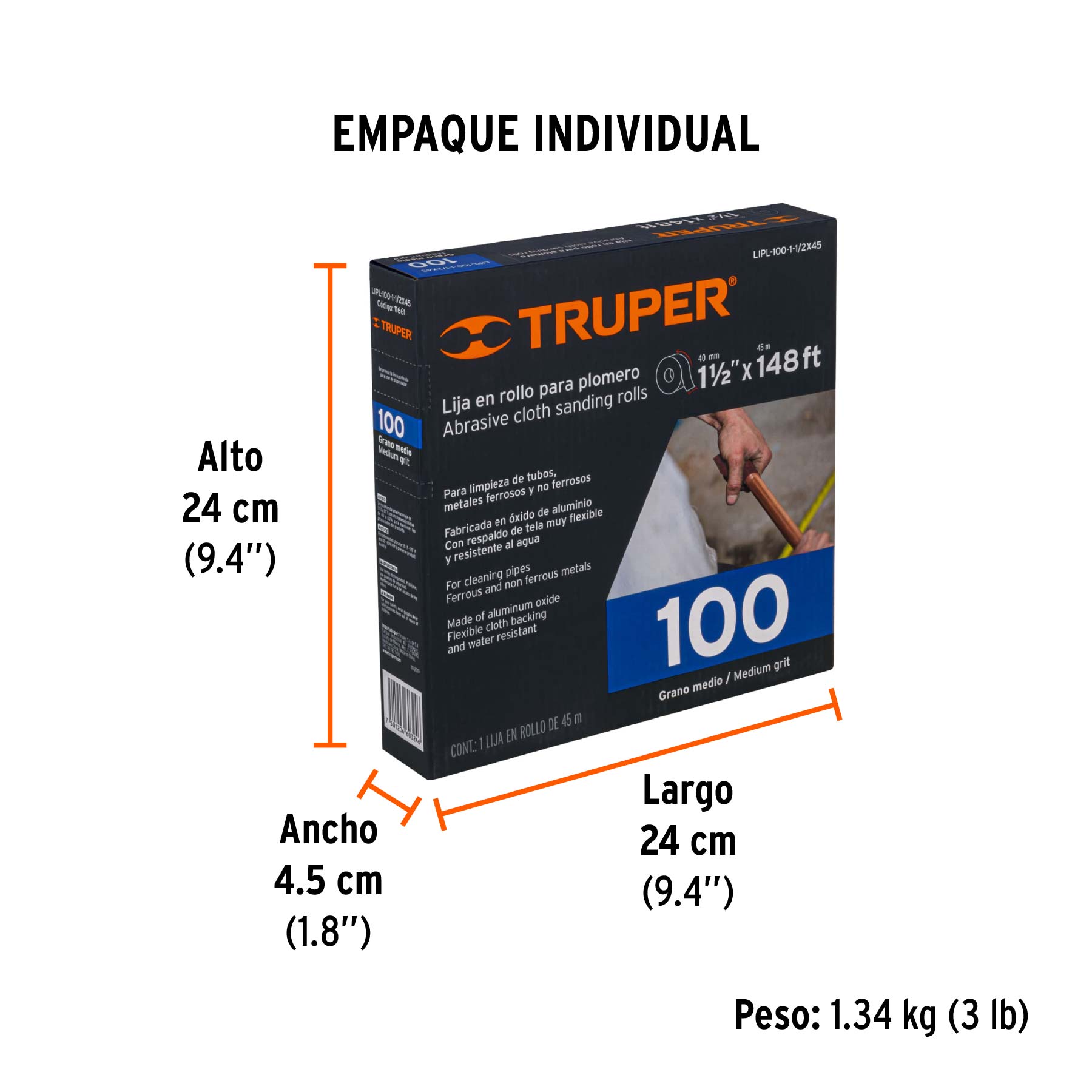 Rollo de 45 m de lija para plomero grano 100 ancho 1-1/2" - Empaque