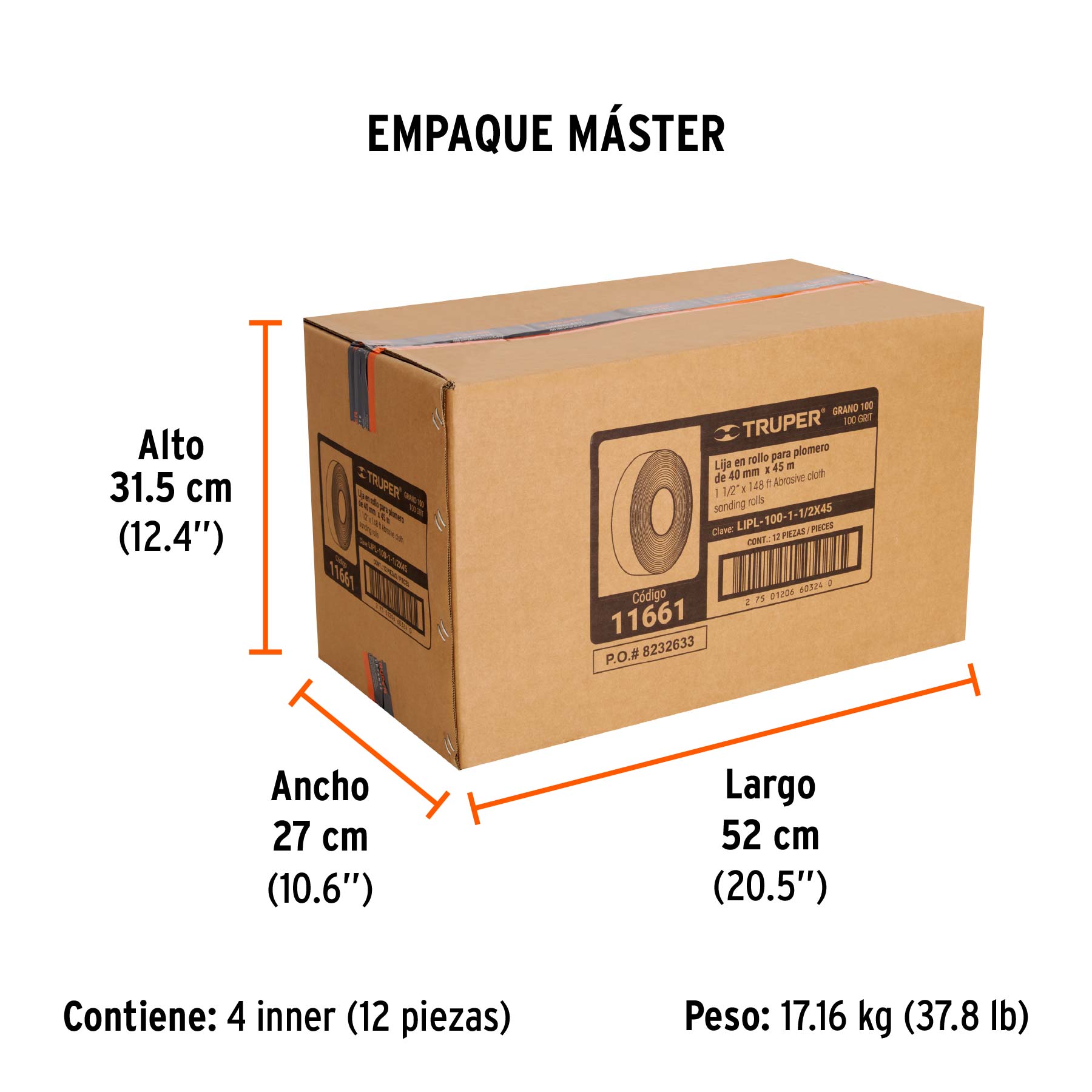 Rollo de 45 m de lija para plomero grano 100 ancho 1-1/2" - Empaque