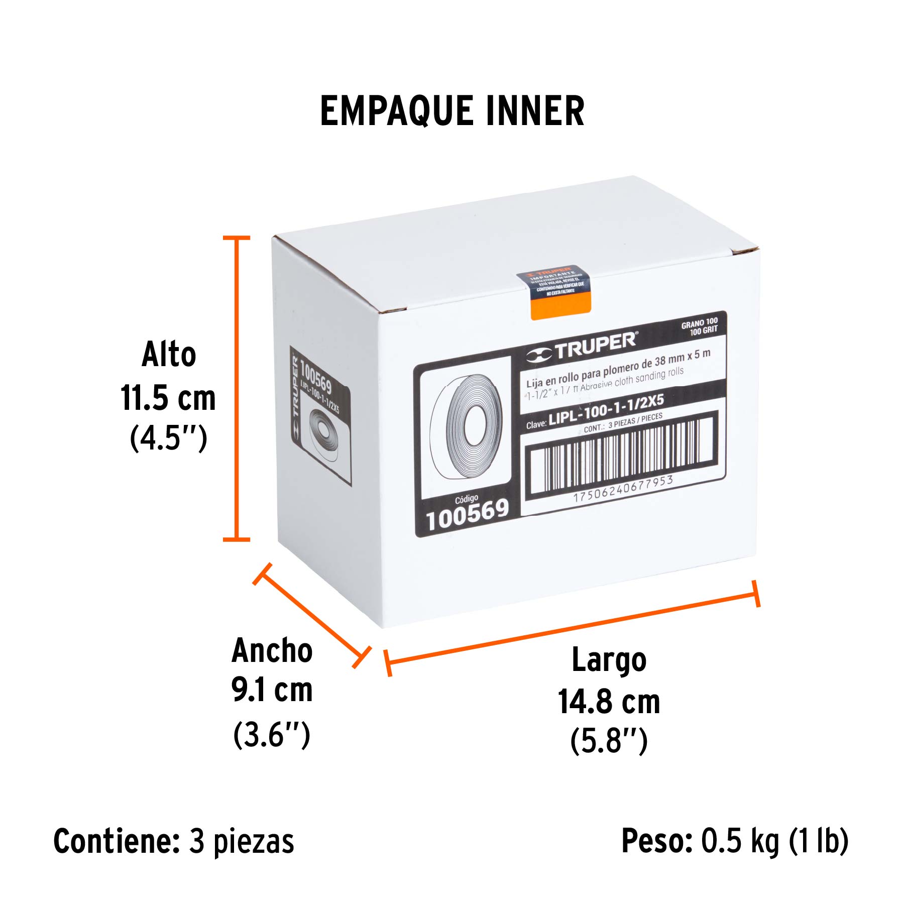 Rollo de 5 m de lija para plomero grano 100 ancho 1-1/2" - Empaque