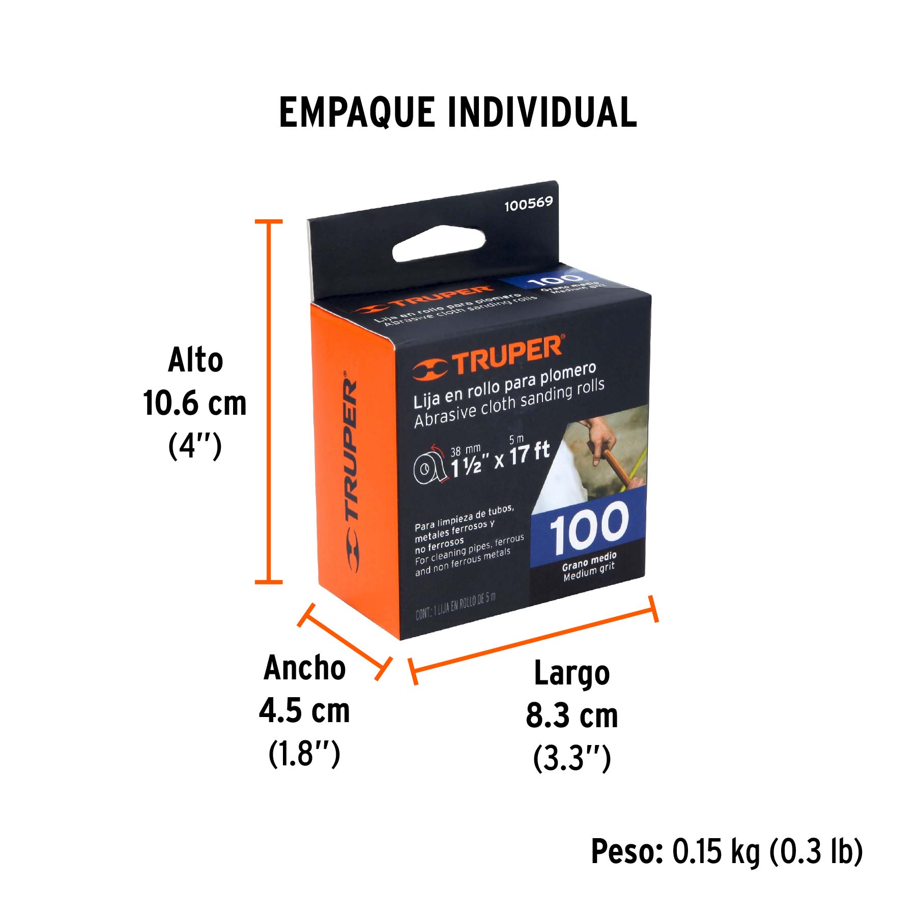 Rollo de 5 m de lija para plomero grano 100 ancho 1-1/2" - Empaque