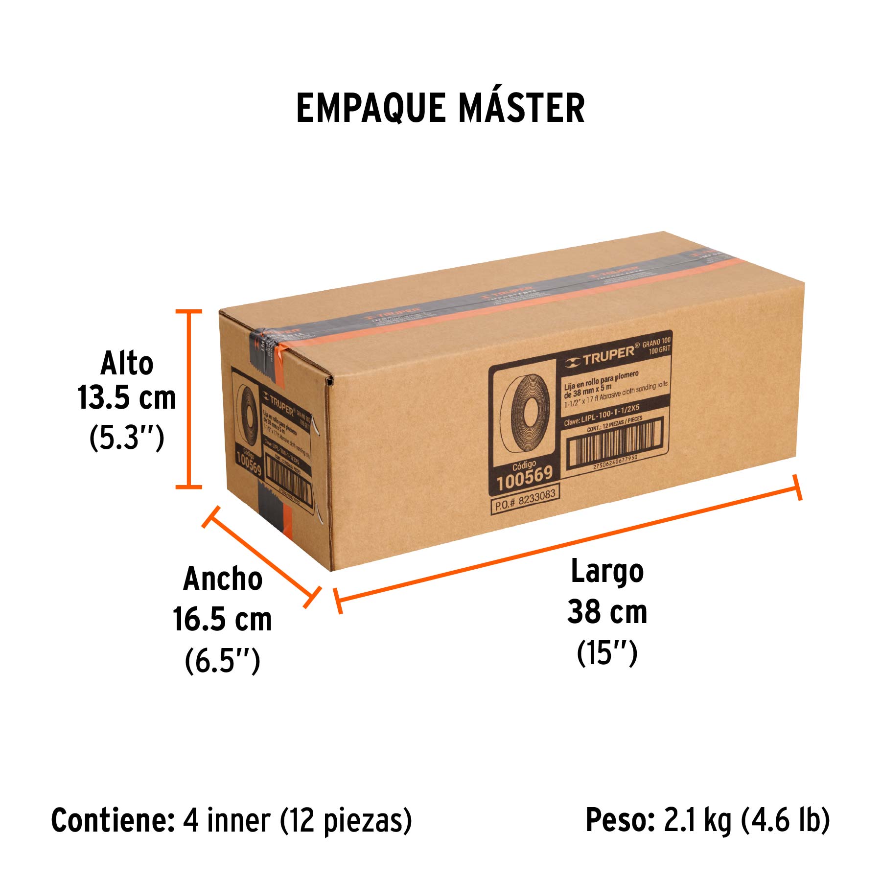 Rollo de 5 m de lija para plomero grano 100 ancho 1-1/2" - Empaque