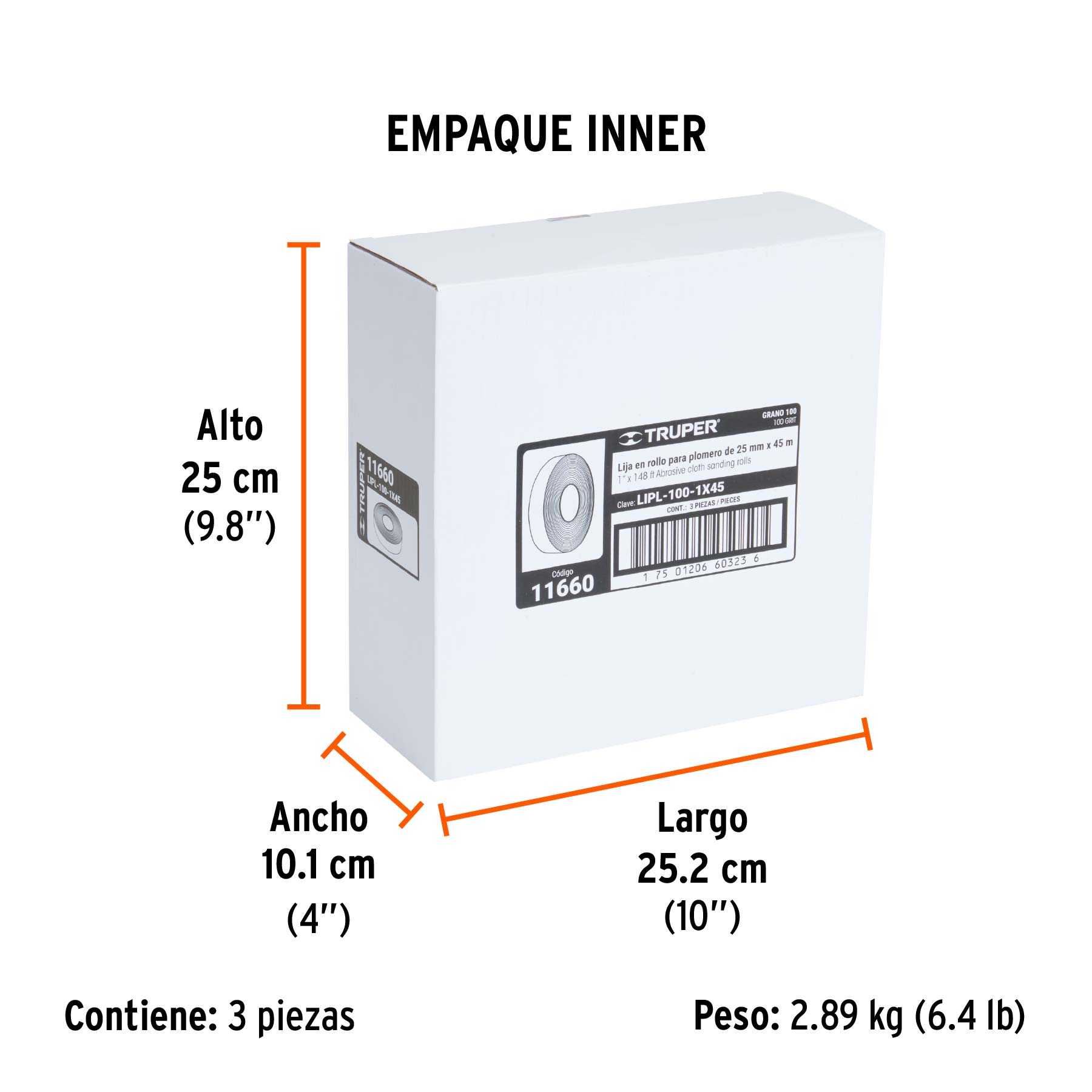 Rollo de 45 m de lija para plomero grano 100 ancho 1" - Empaque