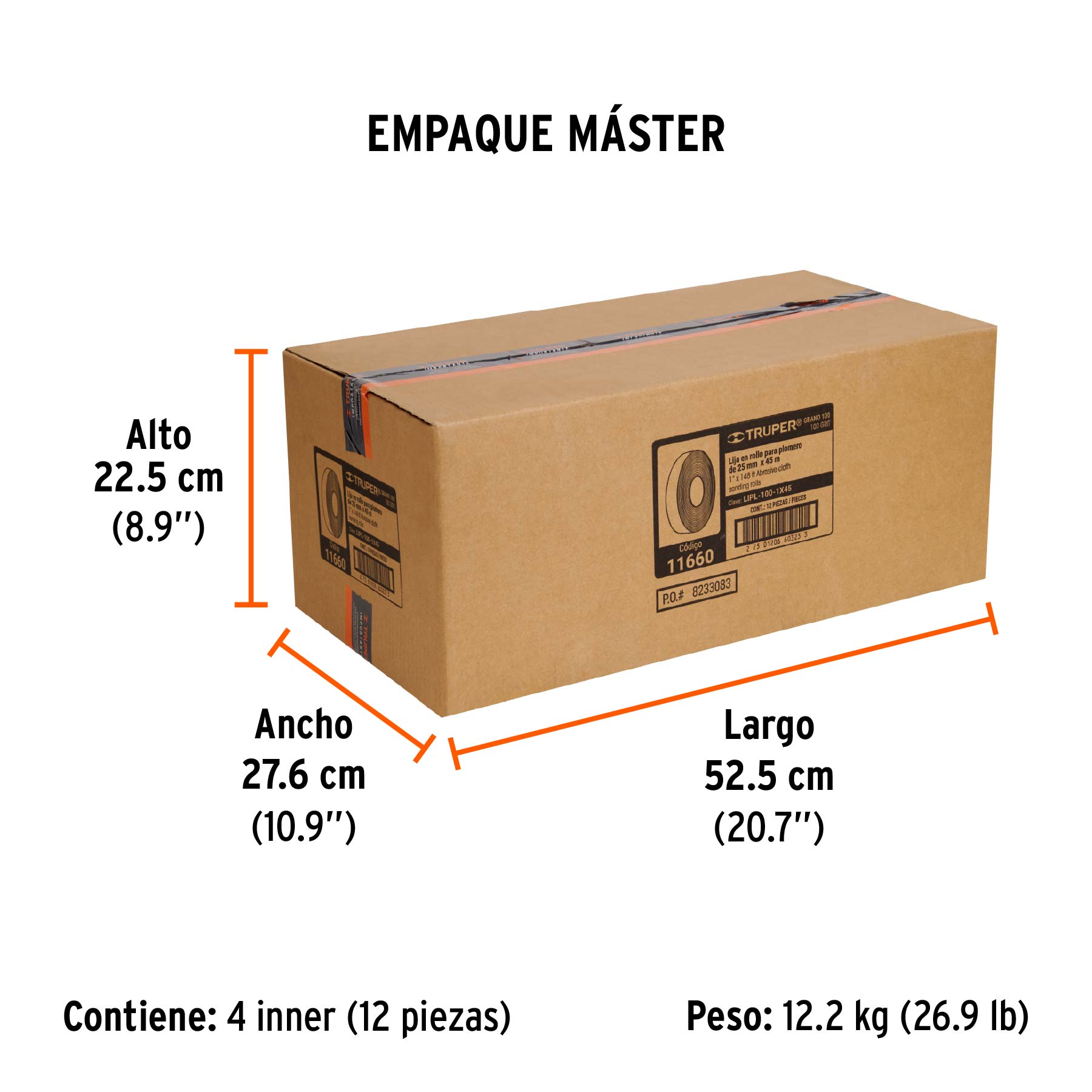 Rollo de 45 m de lija para plomero grano 100 ancho 1" - Empaque