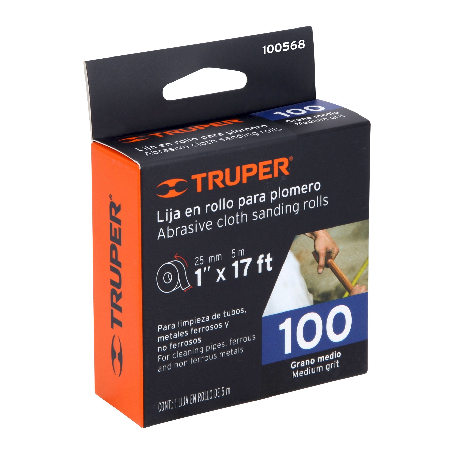 Rollo de 5 m de lija para plomero grano 100 ancho 1", TRUPER