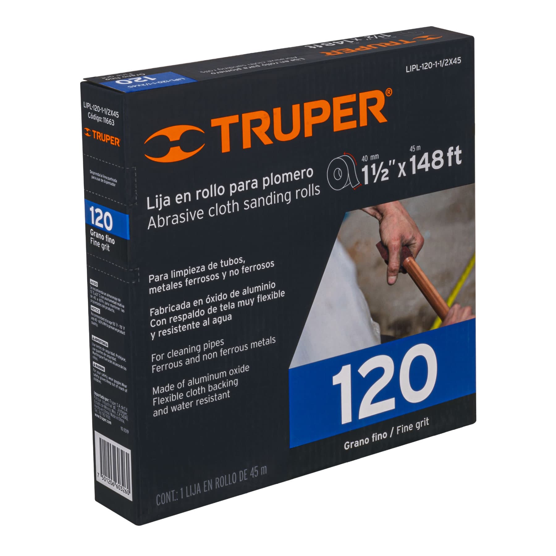 Rollo de 45 m de lija para plomero grano 120 ancho 1-1/2"