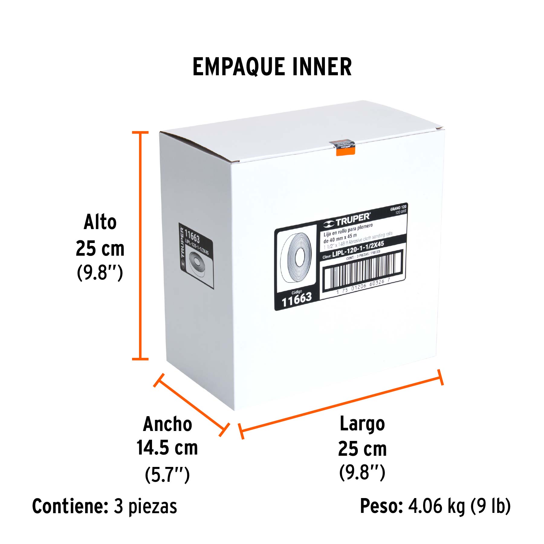 Rollo de 45 m de lija para plomero grano 120 ancho 1-1/2" - Empaque