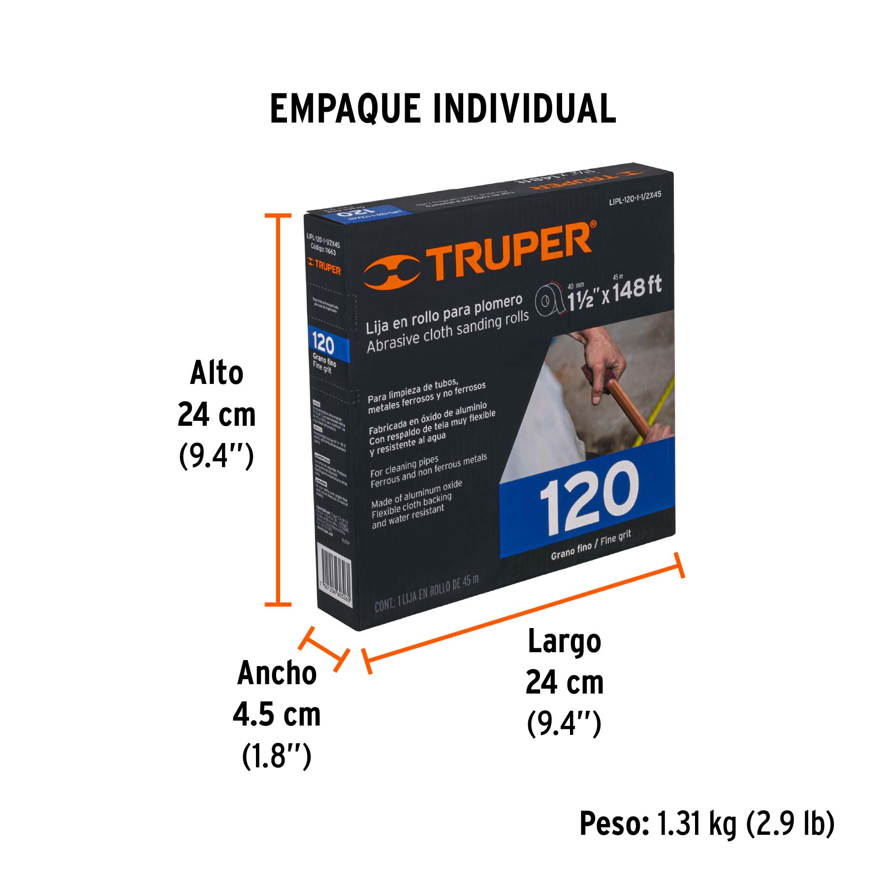 Rollo de 45 m de lija para plomero grano 120 ancho 1-1/2" - Empaque