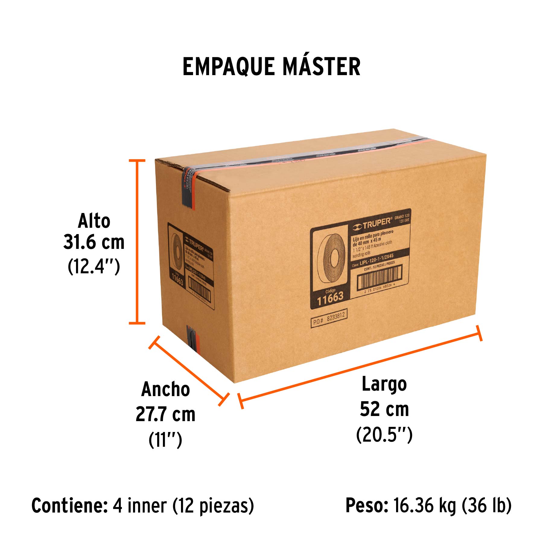 Rollo de 45 m de lija para plomero grano 120 ancho 1-1/2" - Empaque