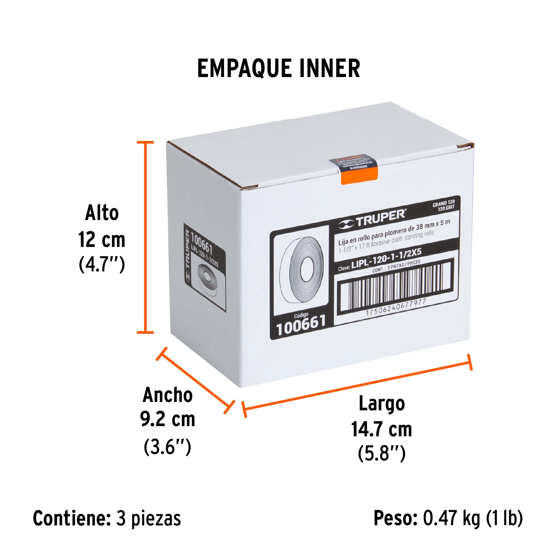 Rollo de 5 m de lija para plomero grano 120 ancho 1-1/2" - Empaque