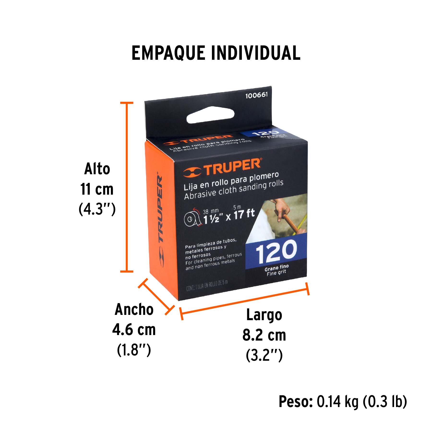 Rollo de 5 m de lija para plomero grano 120 ancho 1-1/2" - Empaque